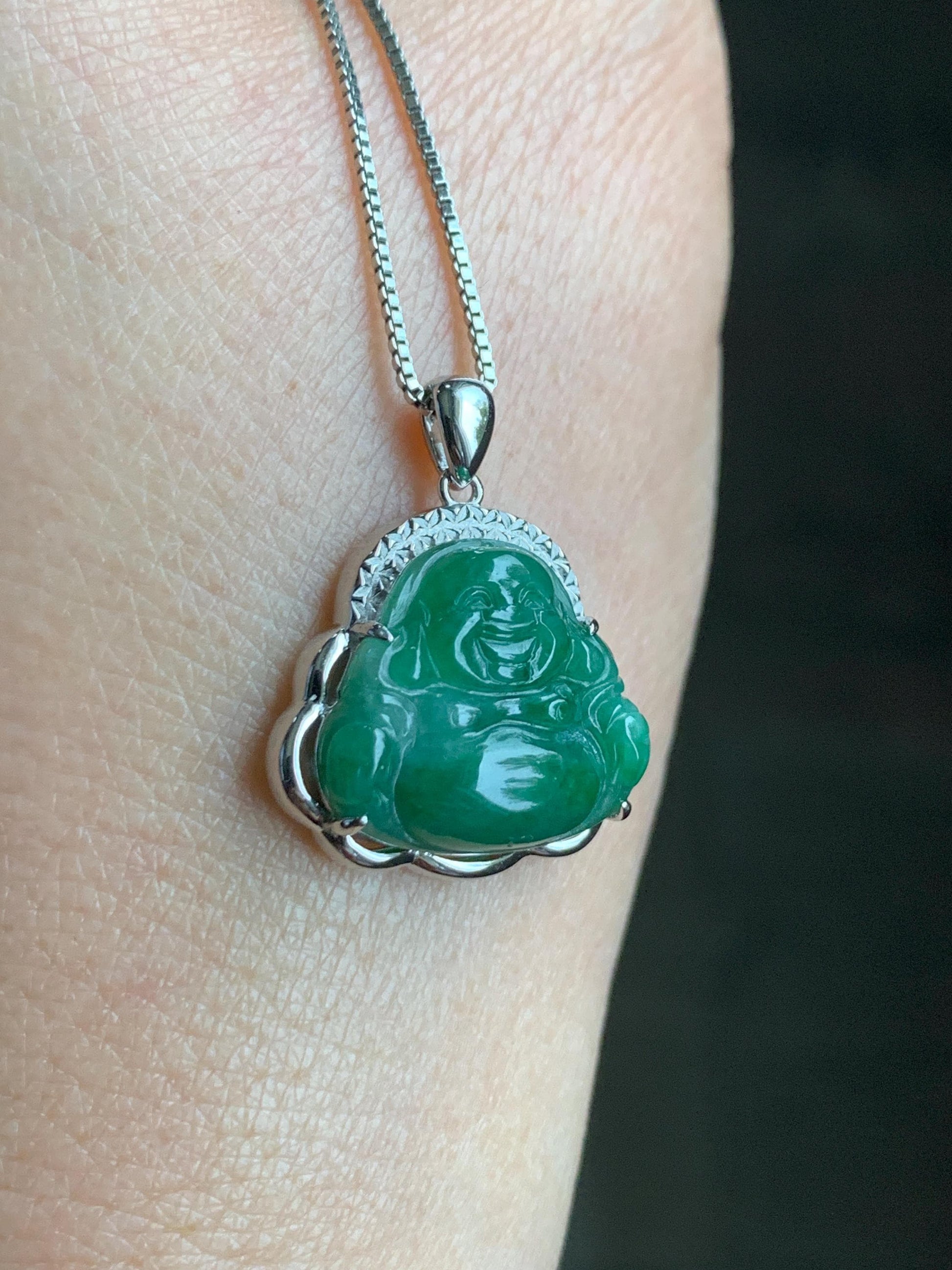 Certified Natural Grade A Icy Translucent Deep Green Jadeite Buddha Pendant Sterling Silver 3.35g 天然糯冰满绿翡翠小佛公镶嵌吊坠 8771