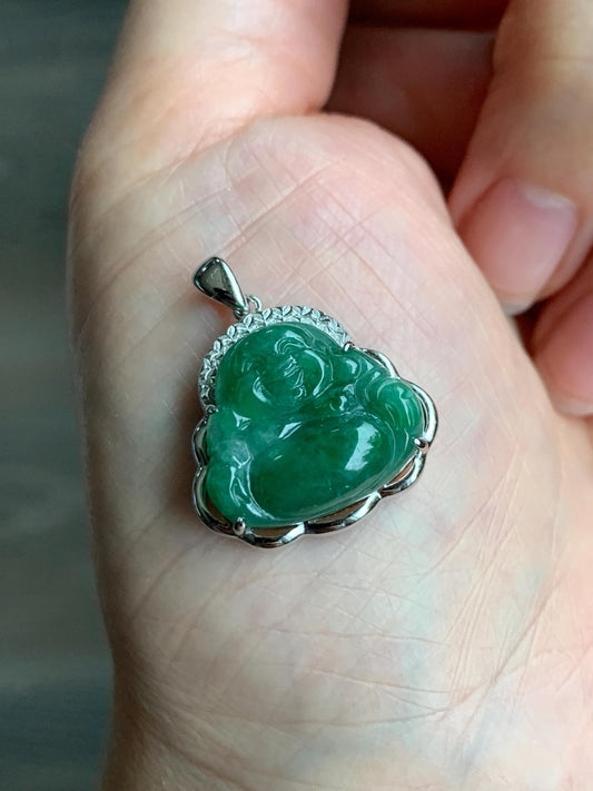 Certified Natural Grade A Icy Translucent Deep Green Jadeite Buddha Pendant Sterling Silver 3.35g 天然糯冰满绿翡翠小佛公镶嵌吊坠 8771