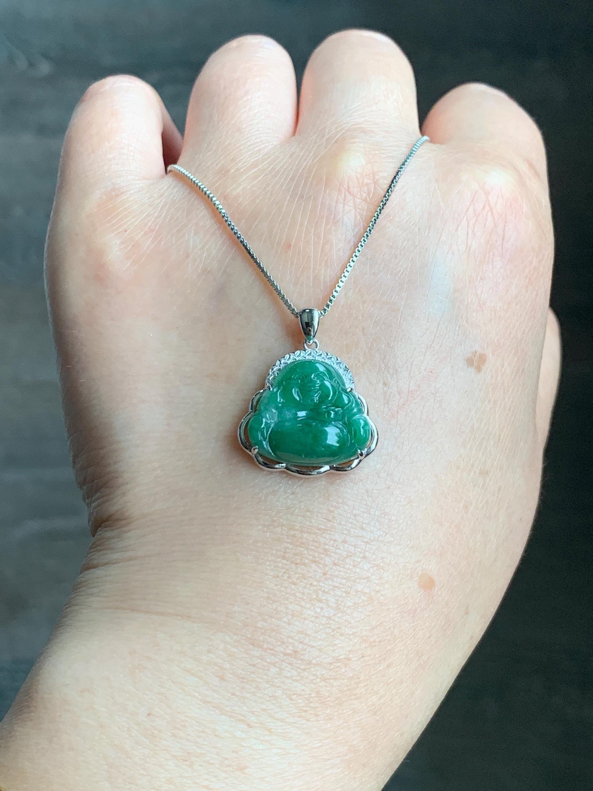 Certified Natural Grade A Icy Translucent Deep Green Jadeite Buddha Pendant Sterling Silver 3.35g 天然糯冰满绿翡翠小佛公镶嵌吊坠 8771