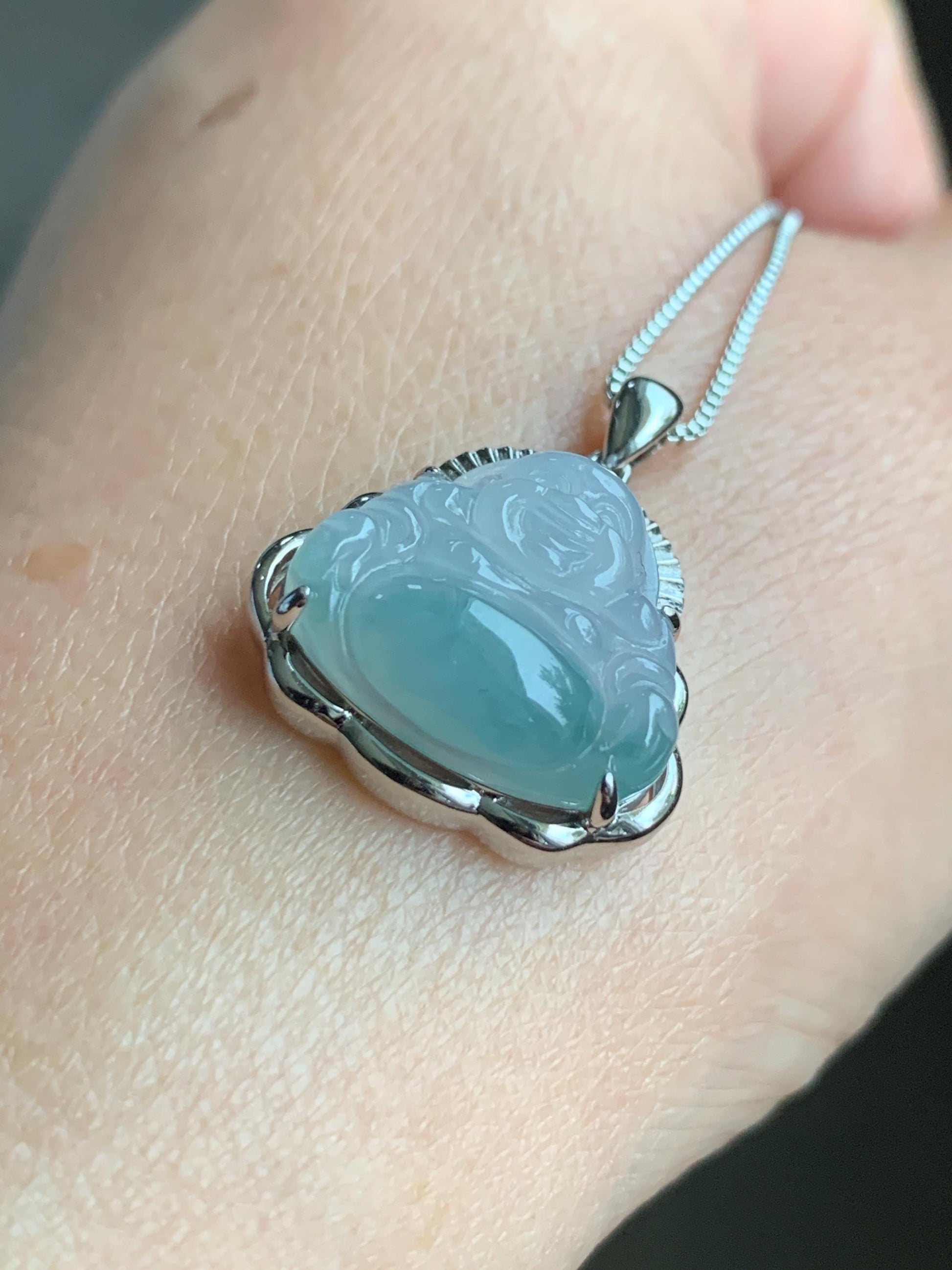 Certified Natural Grade A Icy Translucent Gelatinous Pastel Blue Marbled Jadeite Buddha Pendant Sterling Silver 3.83g 天然冰胶淡蓝飘花翡翠佛公镶嵌吊坠 8773