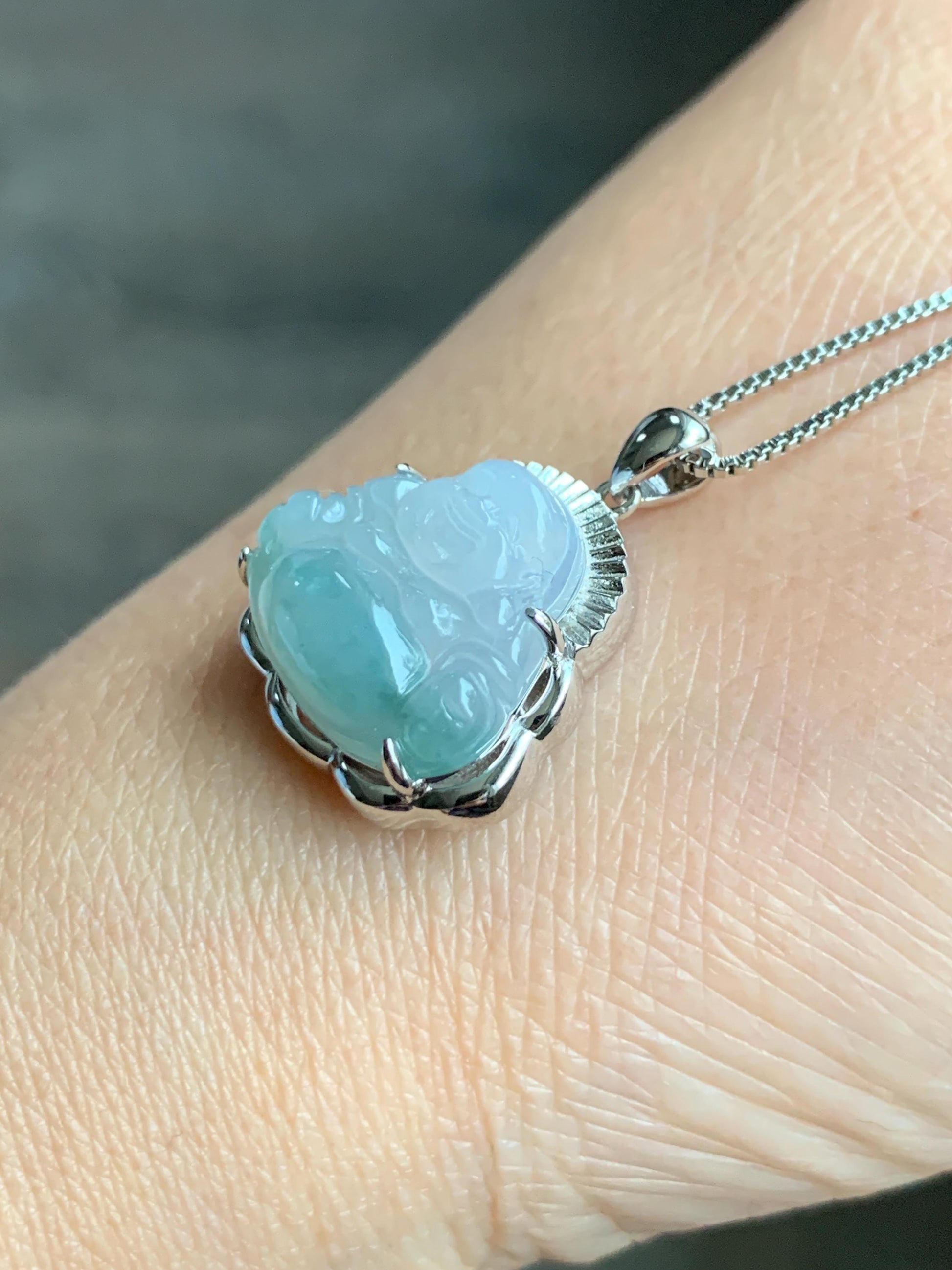 Certified Natural Grade A Icy Translucent Gelatinous Pastel Blue Marbled Jadeite Buddha Pendant Sterling Silver 3.83g 天然冰胶淡蓝飘花翡翠佛公镶嵌吊坠 8773