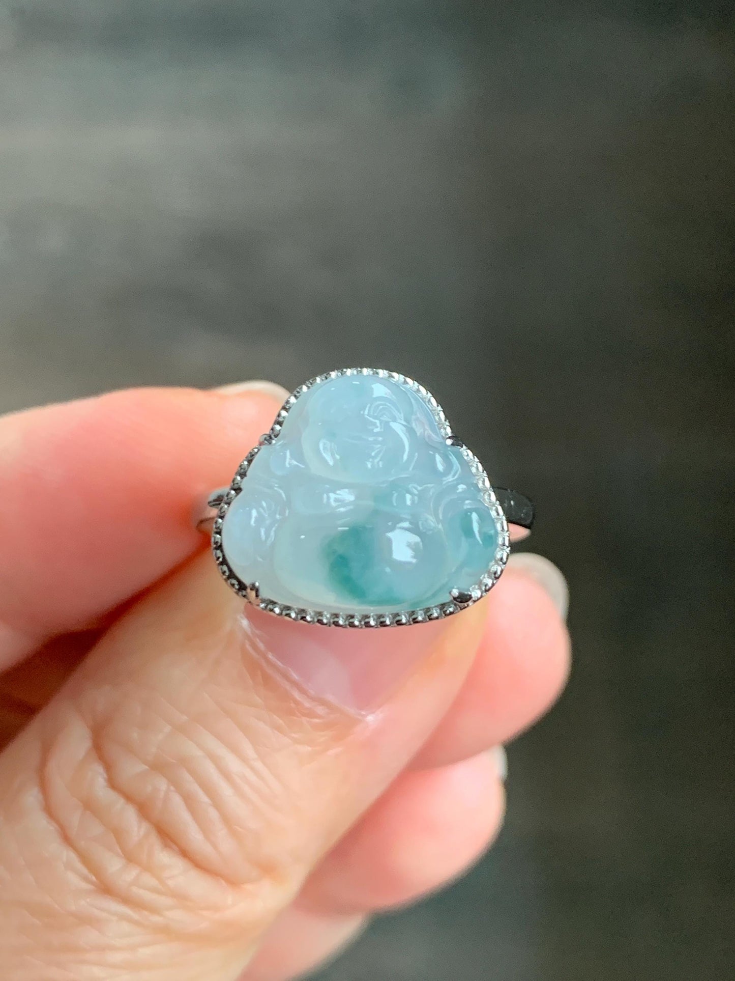 Certified Natural Grade A Icy Translucent Gelatinous Pastel Blue Marbled Jadeite Buddha Ring Sterling Silver size 7.25 天然冰胶淡蓝飘花翡翠佛公镶嵌戒指 8777