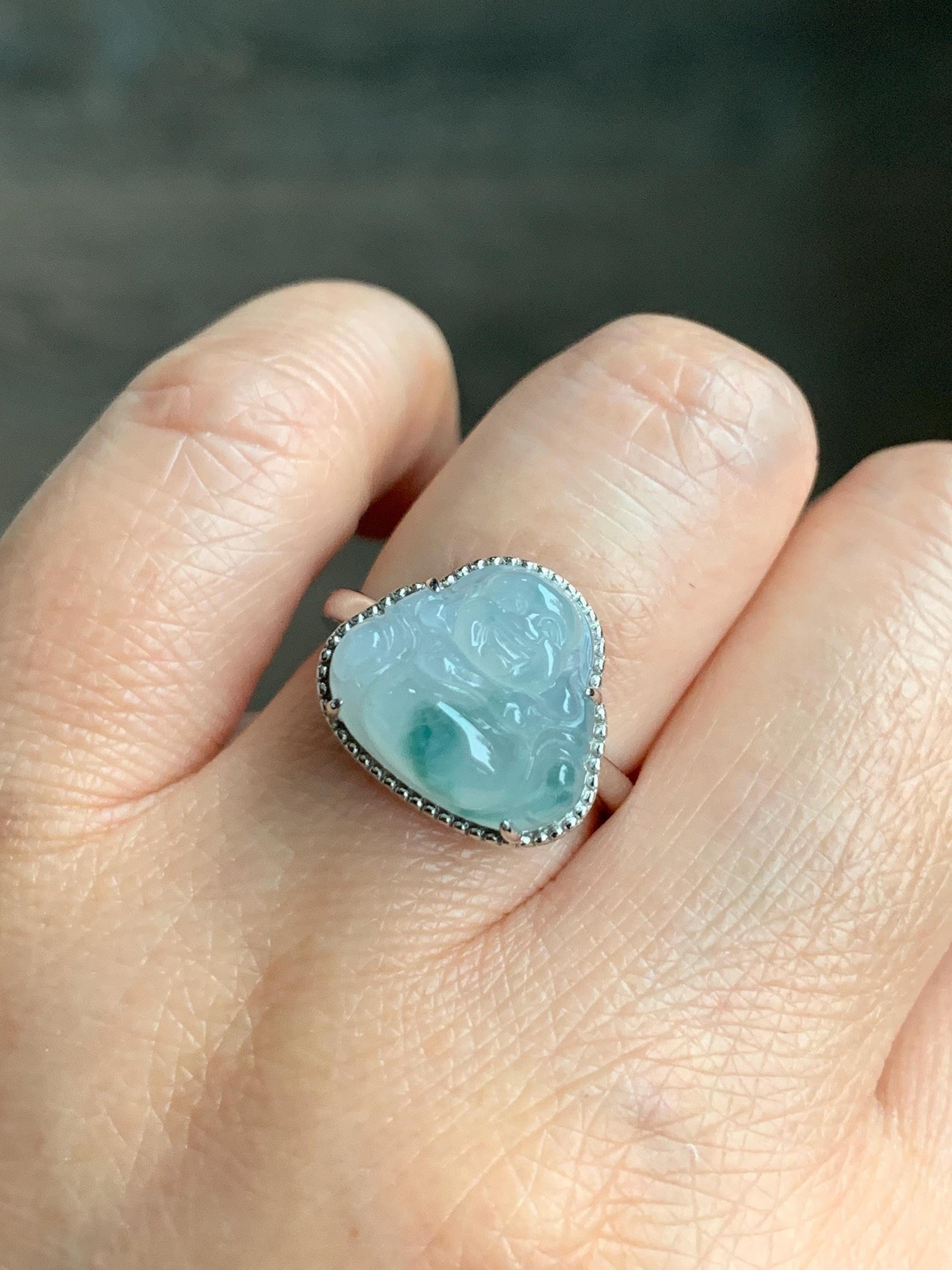 Certified Natural Grade A Icy Translucent Gelatinous Pastel Blue Marbled Jadeite Buddha Ring Sterling Silver size 7.25 天然冰胶淡蓝飘花翡翠佛公镶嵌戒指 8777