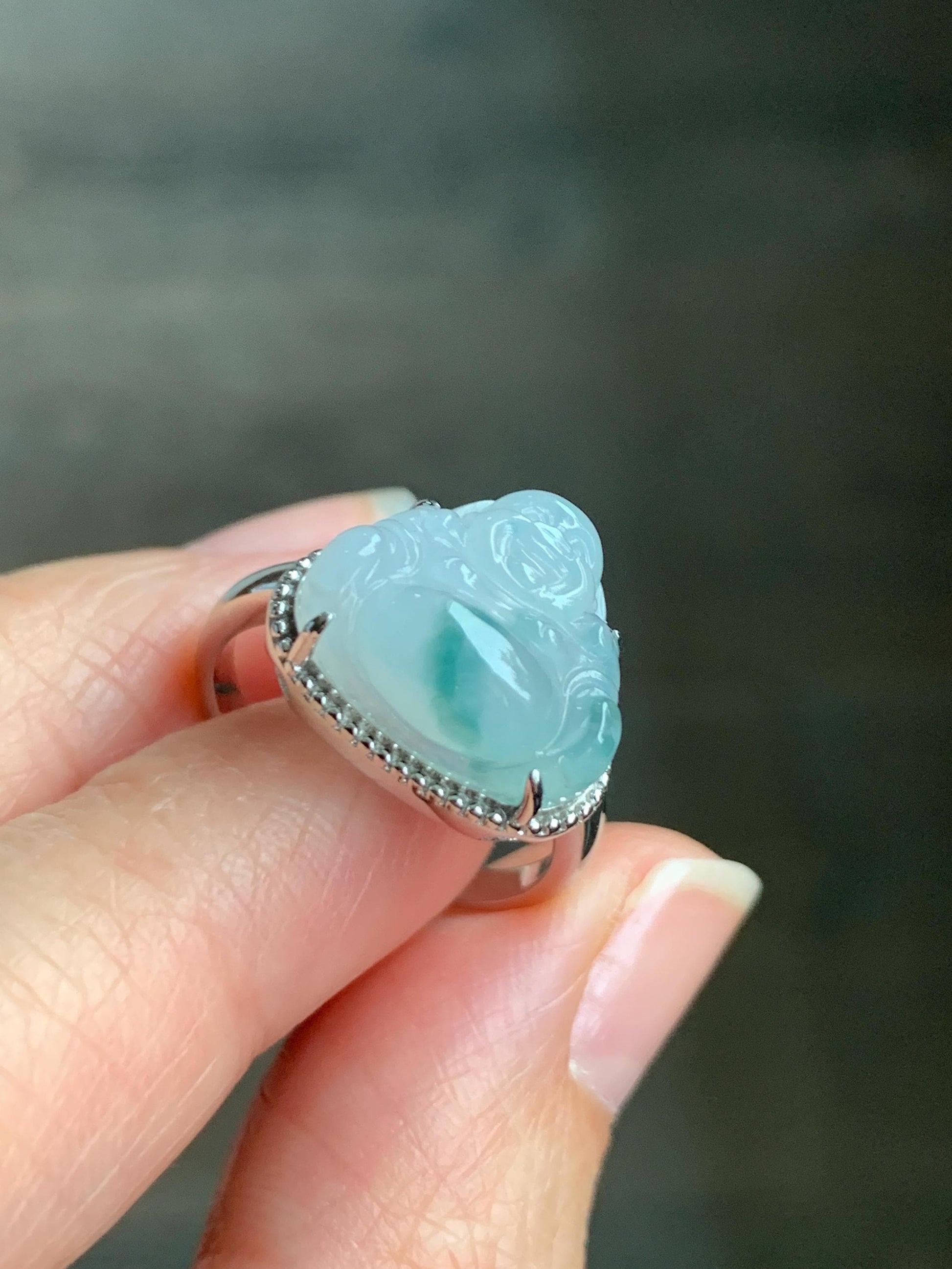 Certified Natural Grade A Icy Translucent Gelatinous Pastel Blue Marbled Jadeite Buddha Ring Sterling Silver size 7.25 天然冰胶淡蓝飘花翡翠佛公镶嵌戒指 8777
