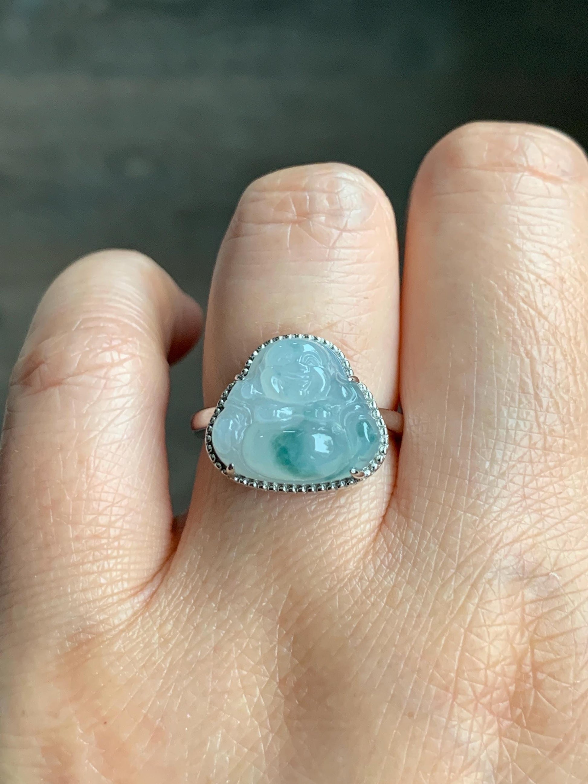 Certified Natural Grade A Icy Translucent Gelatinous Pastel Blue Marbled Jadeite Buddha Ring Sterling Silver size 7.25 天然冰胶淡蓝飘花翡翠佛公镶嵌戒指 8777
