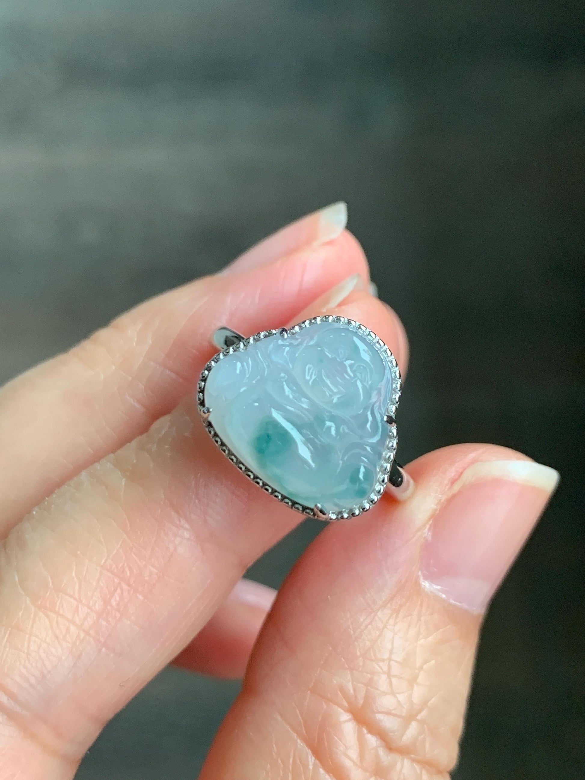 Certified Natural Grade A Icy Translucent Gelatinous Pastel Blue Marbled Jadeite Buddha Ring Sterling Silver size 7.25 天然冰胶淡蓝飘花翡翠佛公镶嵌戒指 8777