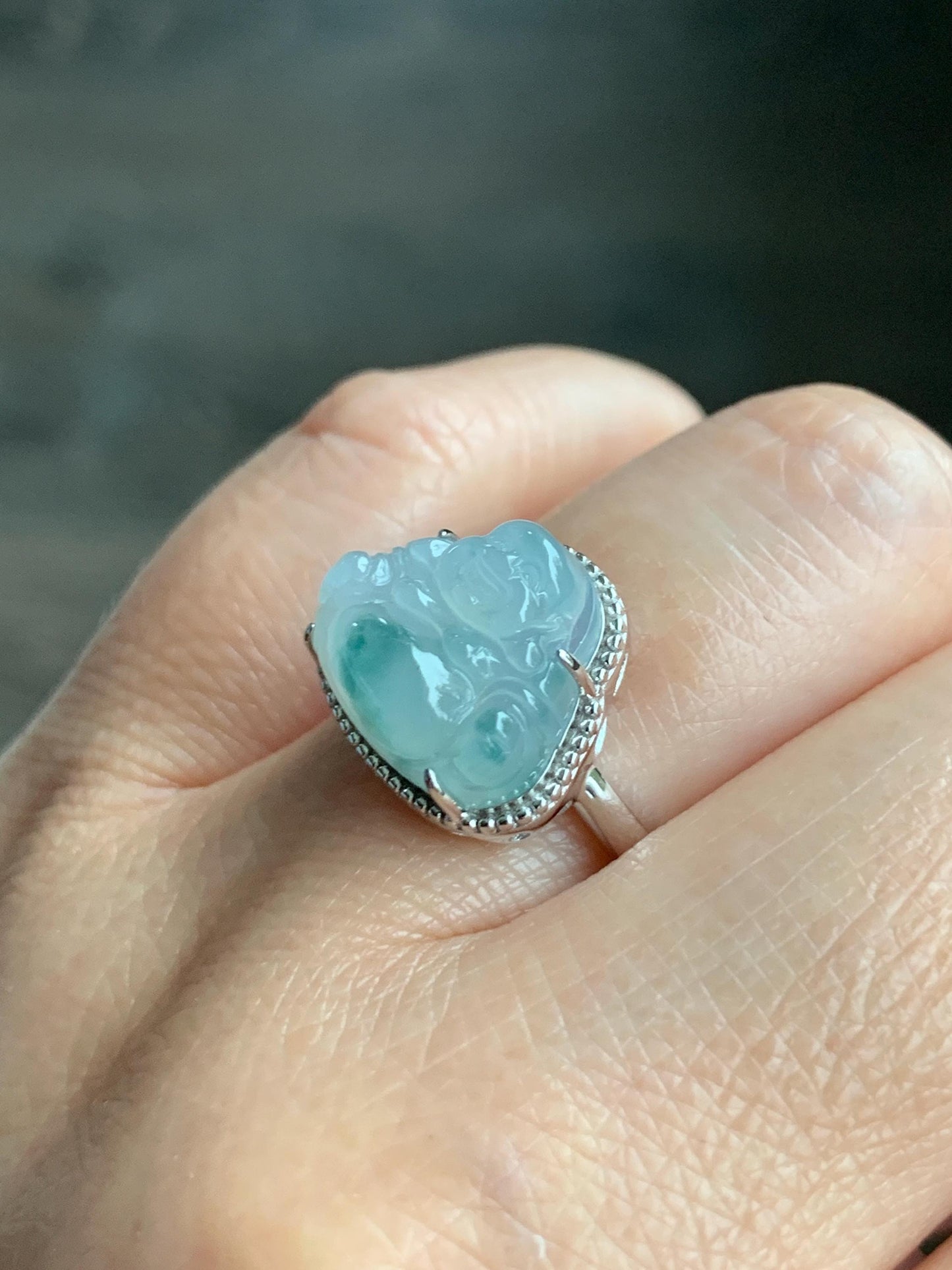 Certified Natural Grade A Icy Translucent Gelatinous Pastel Blue Marbled Jadeite Buddha Ring Sterling Silver size 7.25 天然冰胶淡蓝飘花翡翠佛公镶嵌戒指 8777