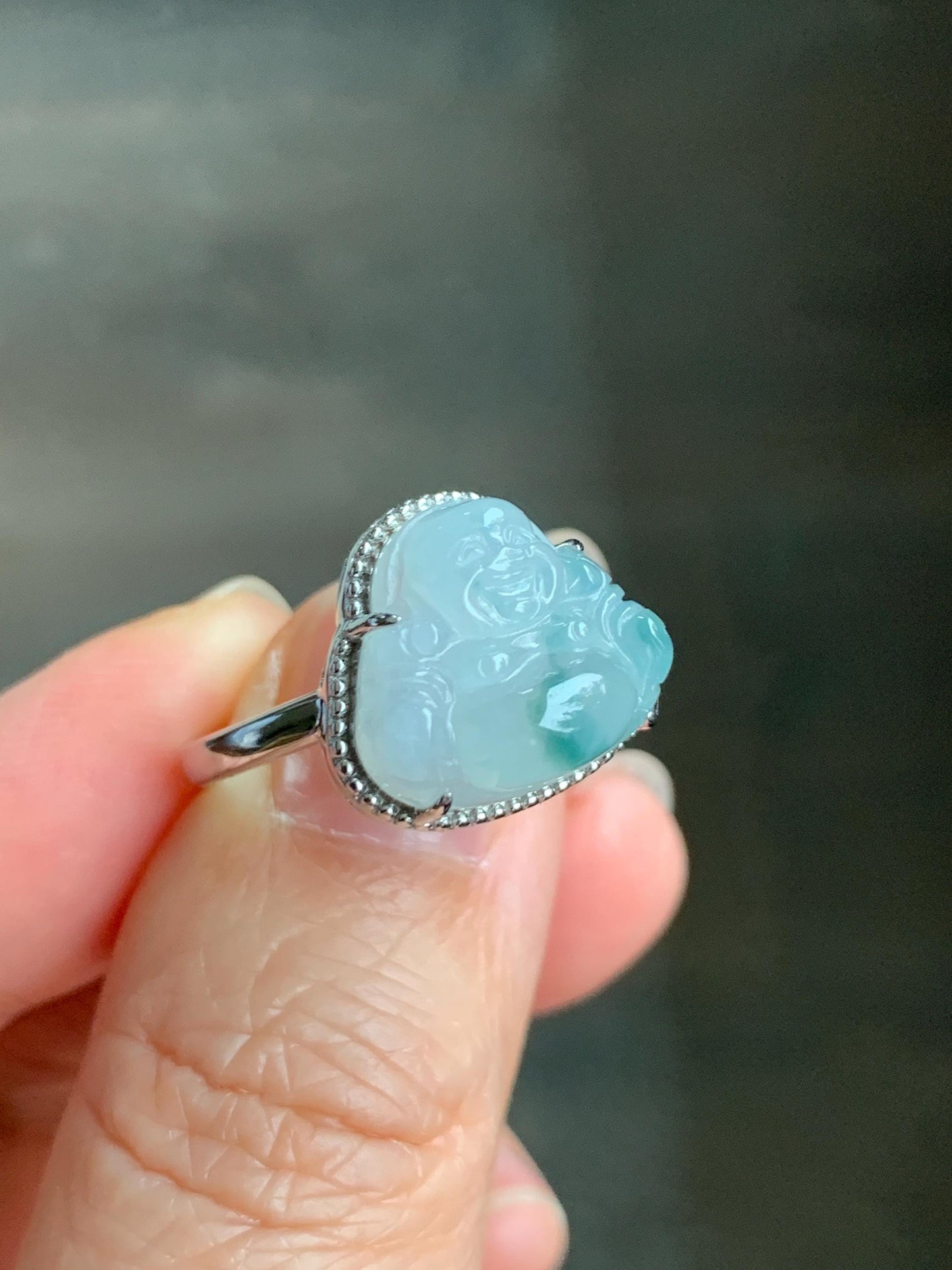 Certified Natural Grade A Icy Translucent Gelatinous Pastel Blue Marbled Jadeite Buddha Ring Sterling Silver size 7.25 天然冰胶淡蓝飘花翡翠佛公镶嵌戒指 8777