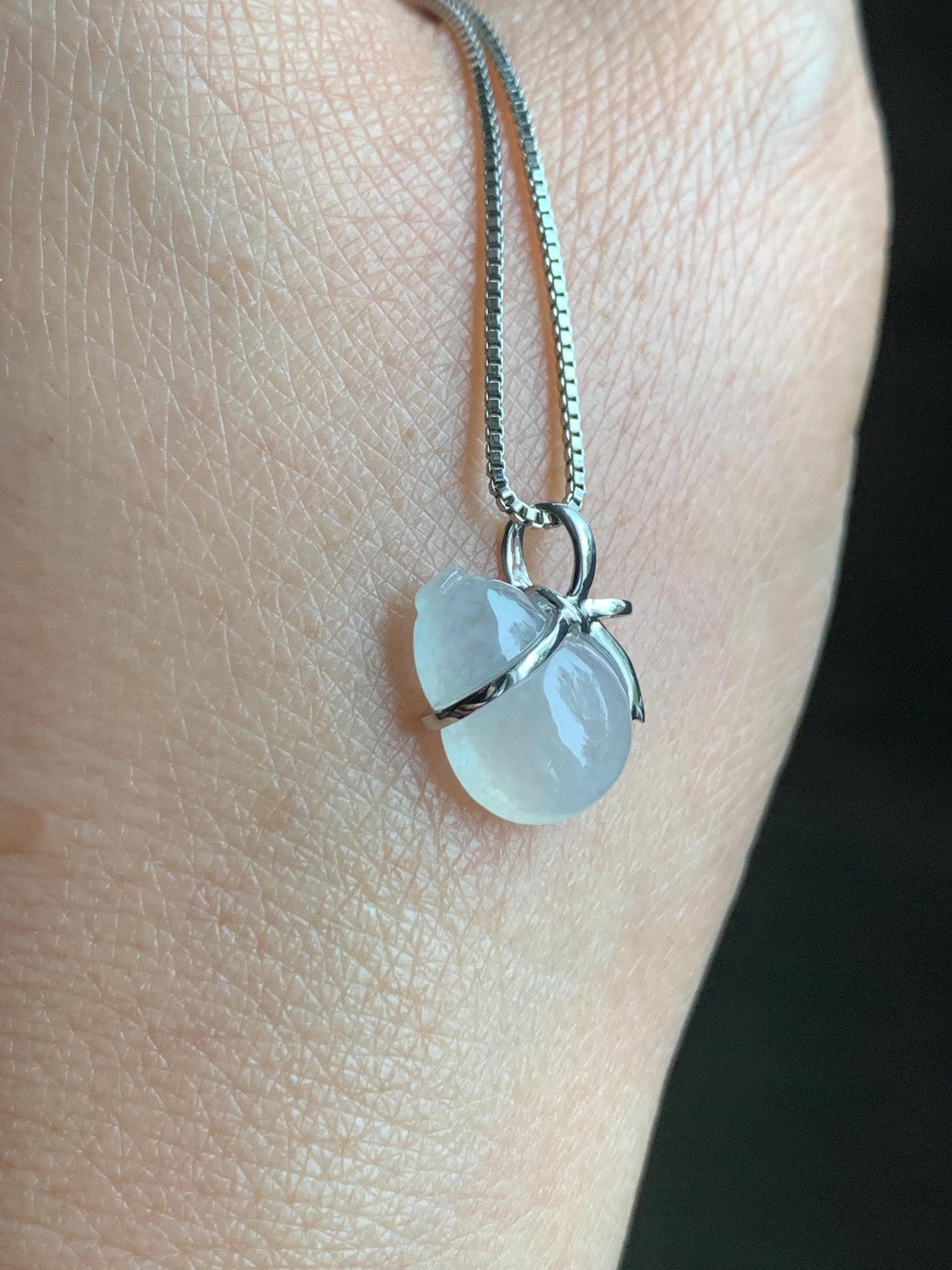 Certified Natural Grade A Icy Highly Translucent White Jadeite Hulu Gourd Petite Pendant 14K White Gold 1.16g 天然起冰起光白冰翡翠葫芦镶嵌吊坠 8776