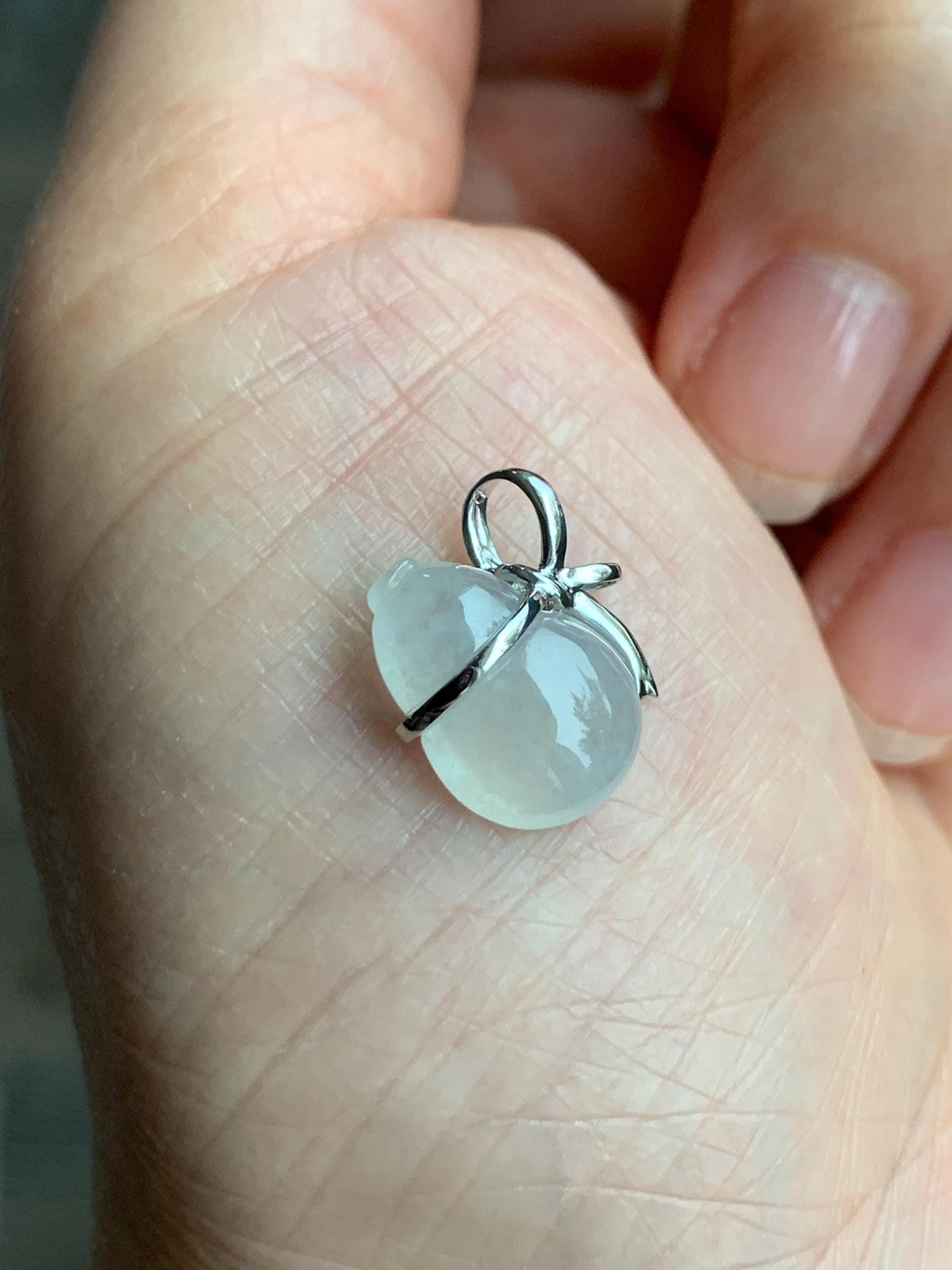 Certified Natural Grade A Icy Highly Translucent White Jadeite Hulu Gourd Petite Pendant 14K White Gold 1.16g 天然起冰起光白冰翡翠葫芦镶嵌吊坠 8776