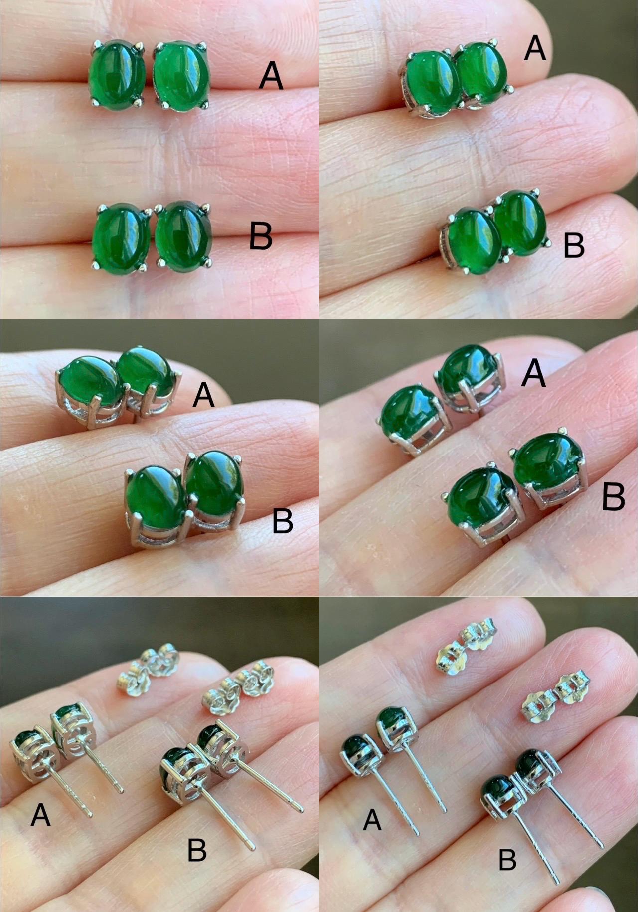 Natural Grade A Guatemalan Icy Translucent Vibrant Green Jade Jadeite Oval Cabochon Stud Earrings Sterling Silver 6x5mm 天然冰危绿翡翠椭圆银镶耳钉 TYW120
