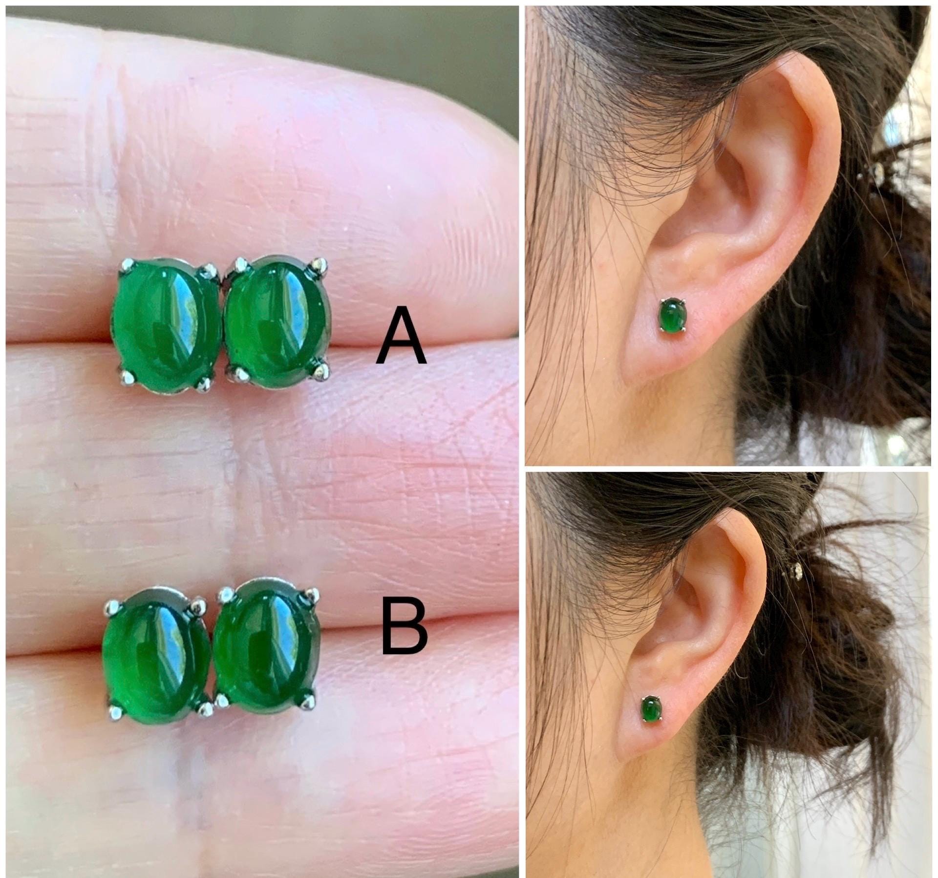 Natural Grade A Guatemalan Icy Translucent Vibrant Green Jade Jadeite Oval Cabochon Stud Earrings Sterling Silver 6x5mm 天然冰危绿翡翠椭圆银镶耳钉 TYW120
