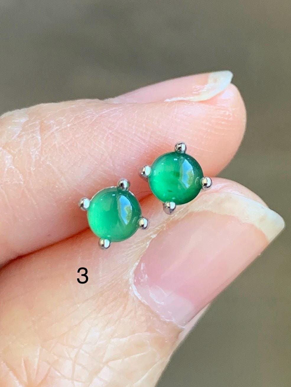 Petite Natural Grade A Guatemalan Icy Translucent Vibrant Green Jade Jadeite Round Stud Earrings Sterling Silver 天然冰危绿翡翠小圆蛋面银镶耳钉 XYW33
