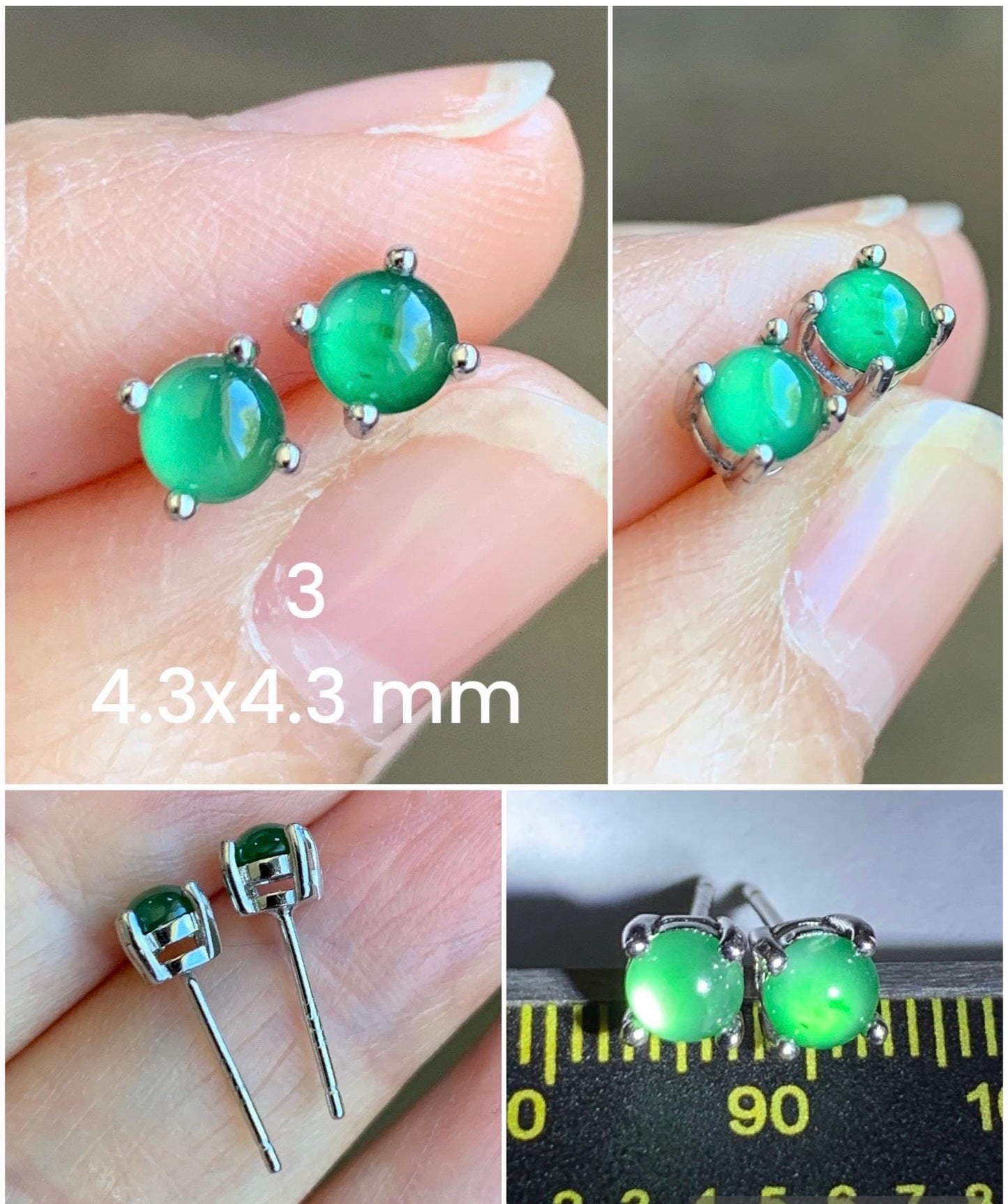 Petite Natural Grade A Guatemalan Icy Translucent Vibrant Green Jade Jadeite Round Stud Earrings Sterling Silver 天然冰危绿翡翠小圆蛋面银镶耳钉 XYW33