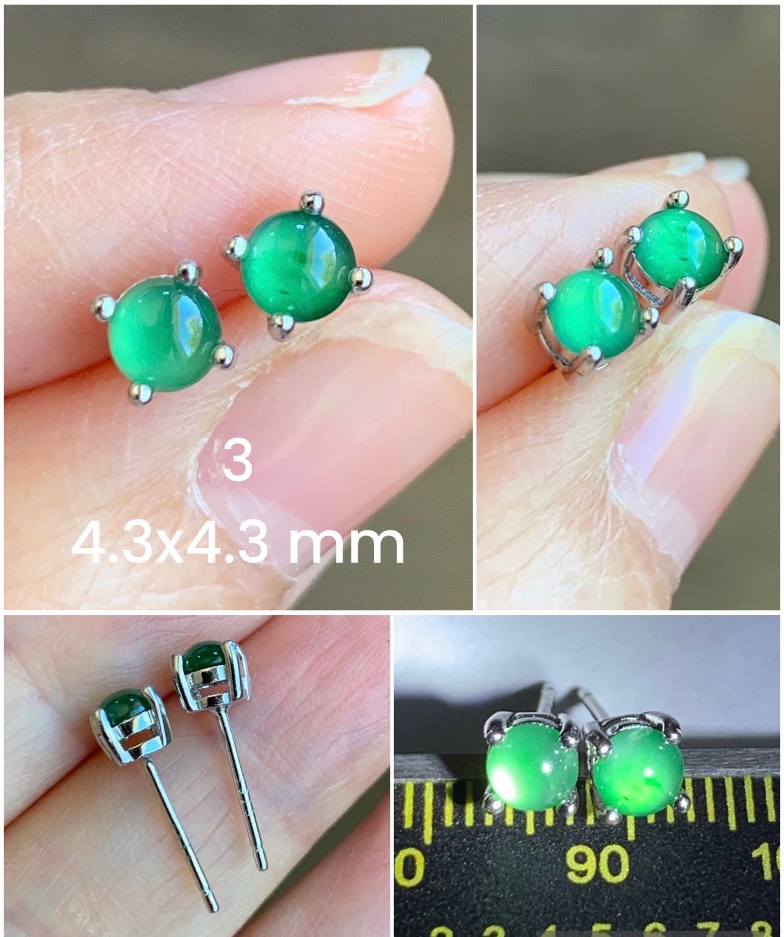 Petite Natural Grade A Guatemalan Icy Translucent Vibrant Green Jade Jadeite Round Stud Earrings Sterling Silver 天然冰危绿翡翠小圆蛋面银镶耳钉 XYW33