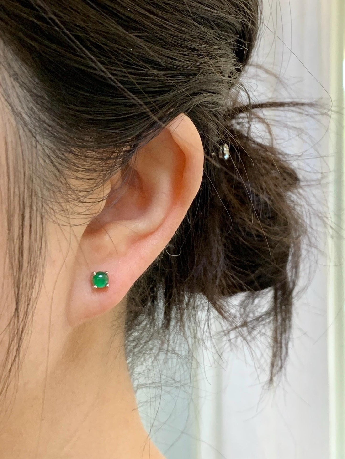 Petite Natural Grade A Guatemalan Icy Translucent Vibrant Green Jade Jadeite Round Stud Earrings Sterling Silver 天然冰危绿翡翠小圆蛋面银镶耳钉 XYW33