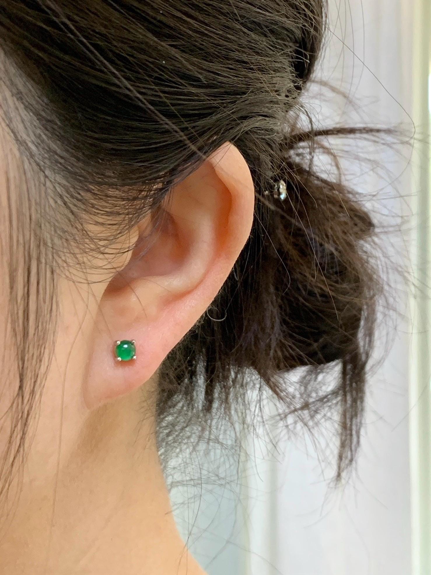 Petite Natural Grade A Guatemalan Icy Translucent Vibrant Green Jade Jadeite Round Stud Earrings Sterling Silver 天然冰危绿翡翠小圆蛋面银镶耳钉 XYW33