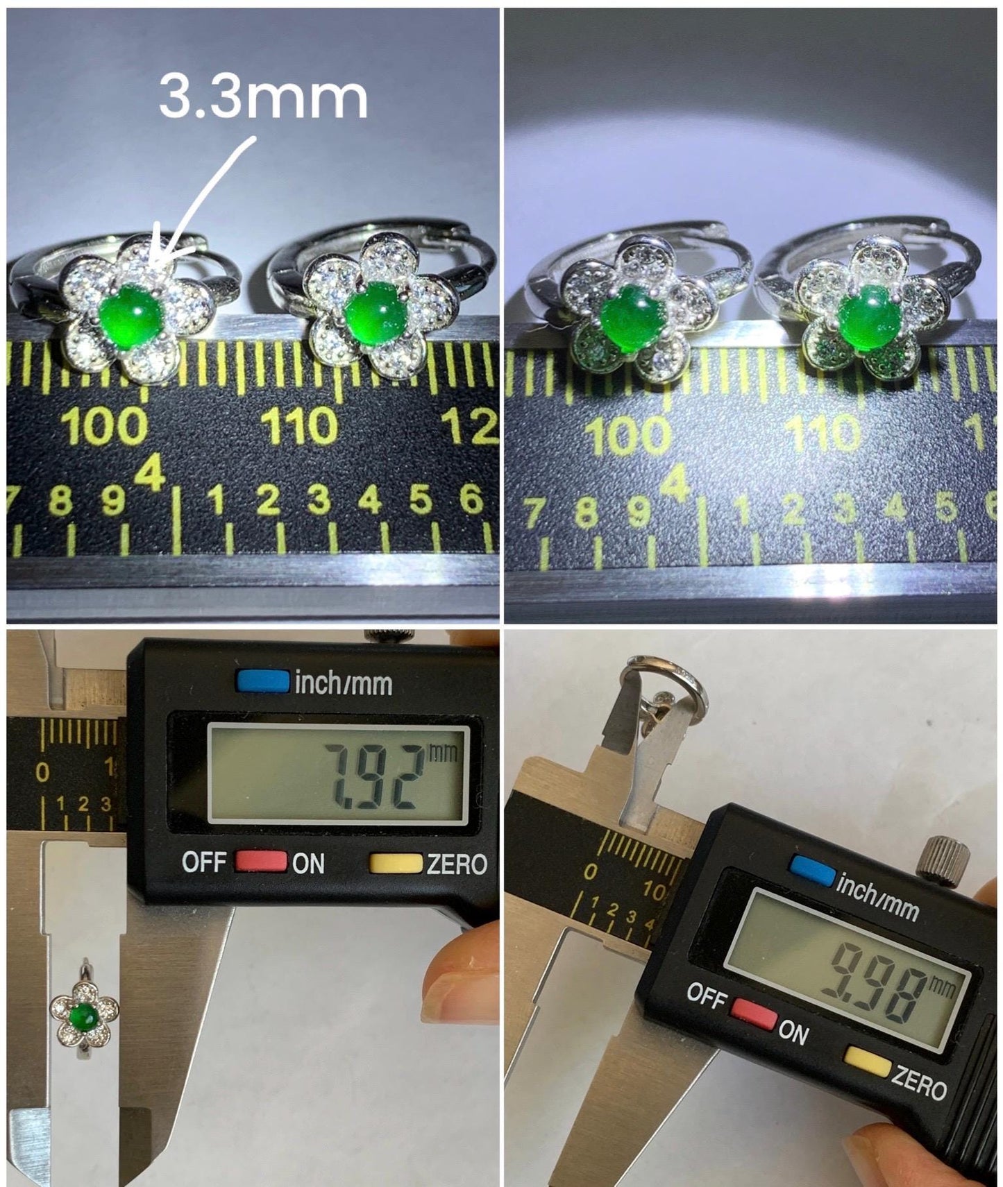 Natural Grade A Guatemalan Icy Translucent Vibrant Green Jade Jadeite Cherry Blossom Hoop Huggie Earrings Sterling Silver 天然冰危绿翡翠梅花款耳包 ZMH68