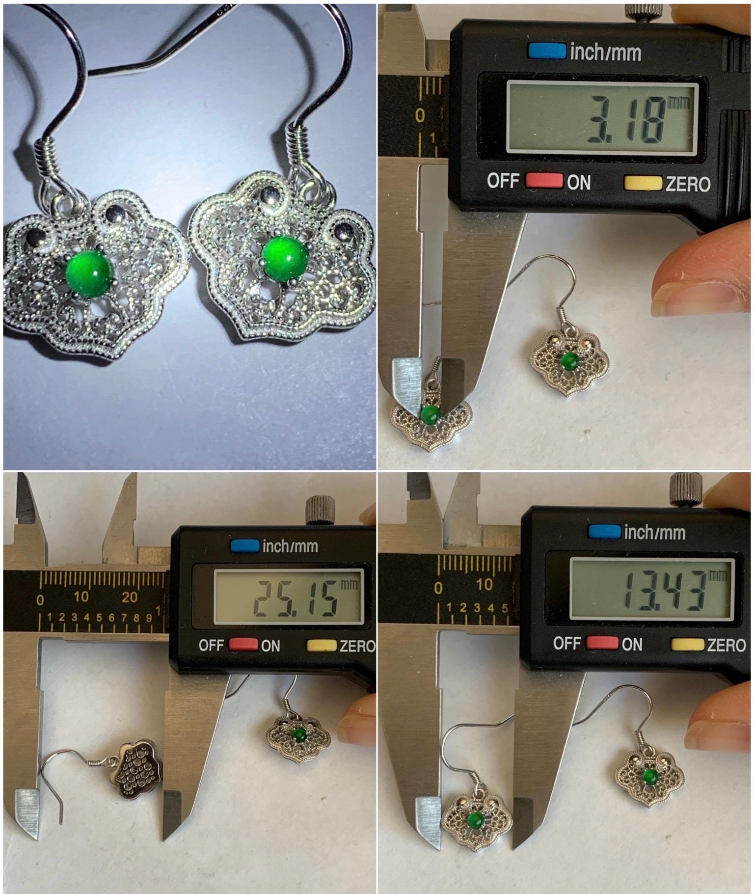 Natural Grade A Guatemalan Icy Translucent Vibrant Green Jade Jadeite Ruyi Dangle Earrings Sterling Silver 天然冰危绿翡翠蛋面如意银镶耳钩 LRY59