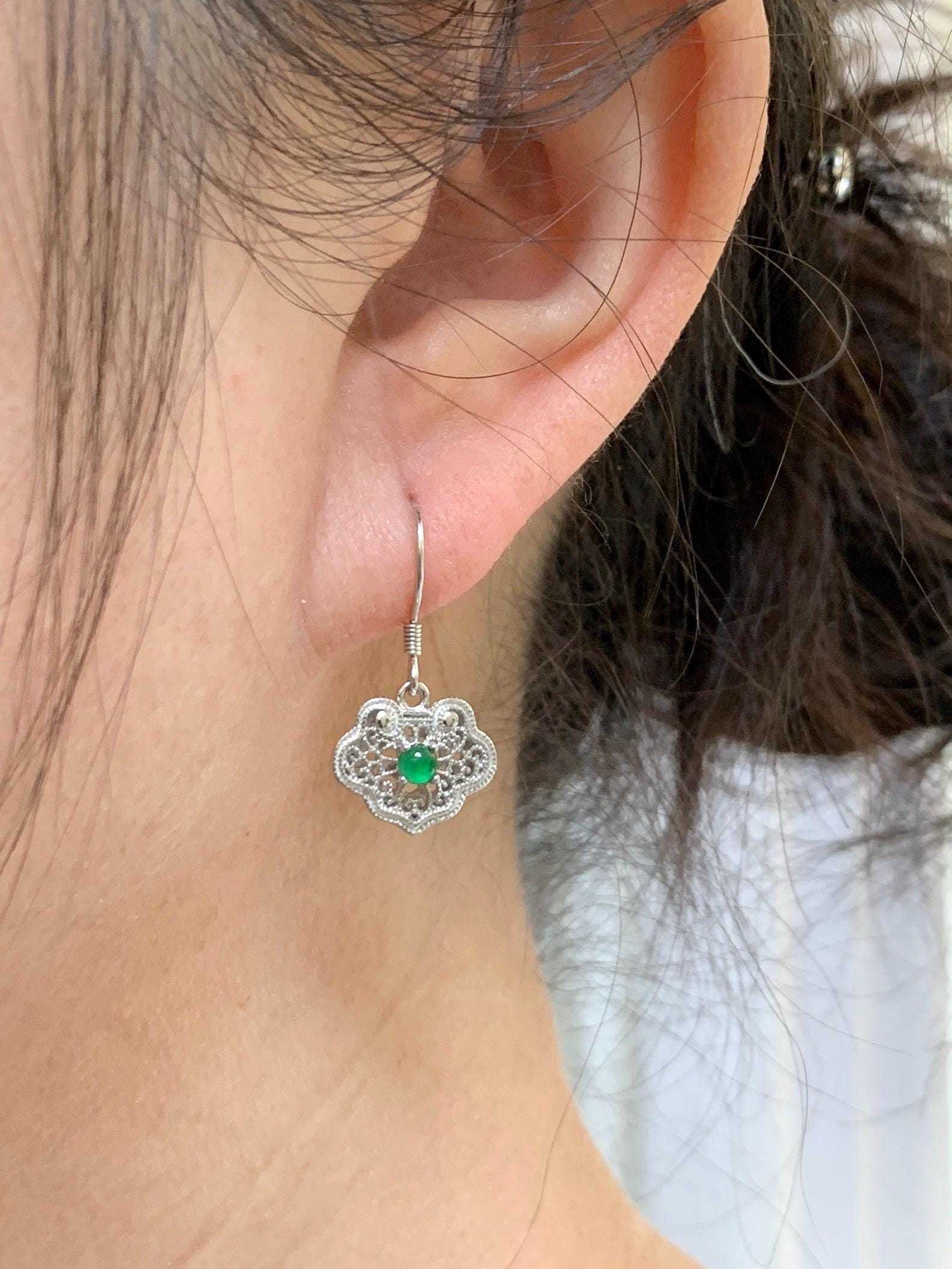 Natural Grade A Guatemalan Icy Translucent Vibrant Green Jade Jadeite Ruyi Dangle Earrings Sterling Silver 天然冰危绿翡翠蛋面如意银镶耳钩 LRY59
