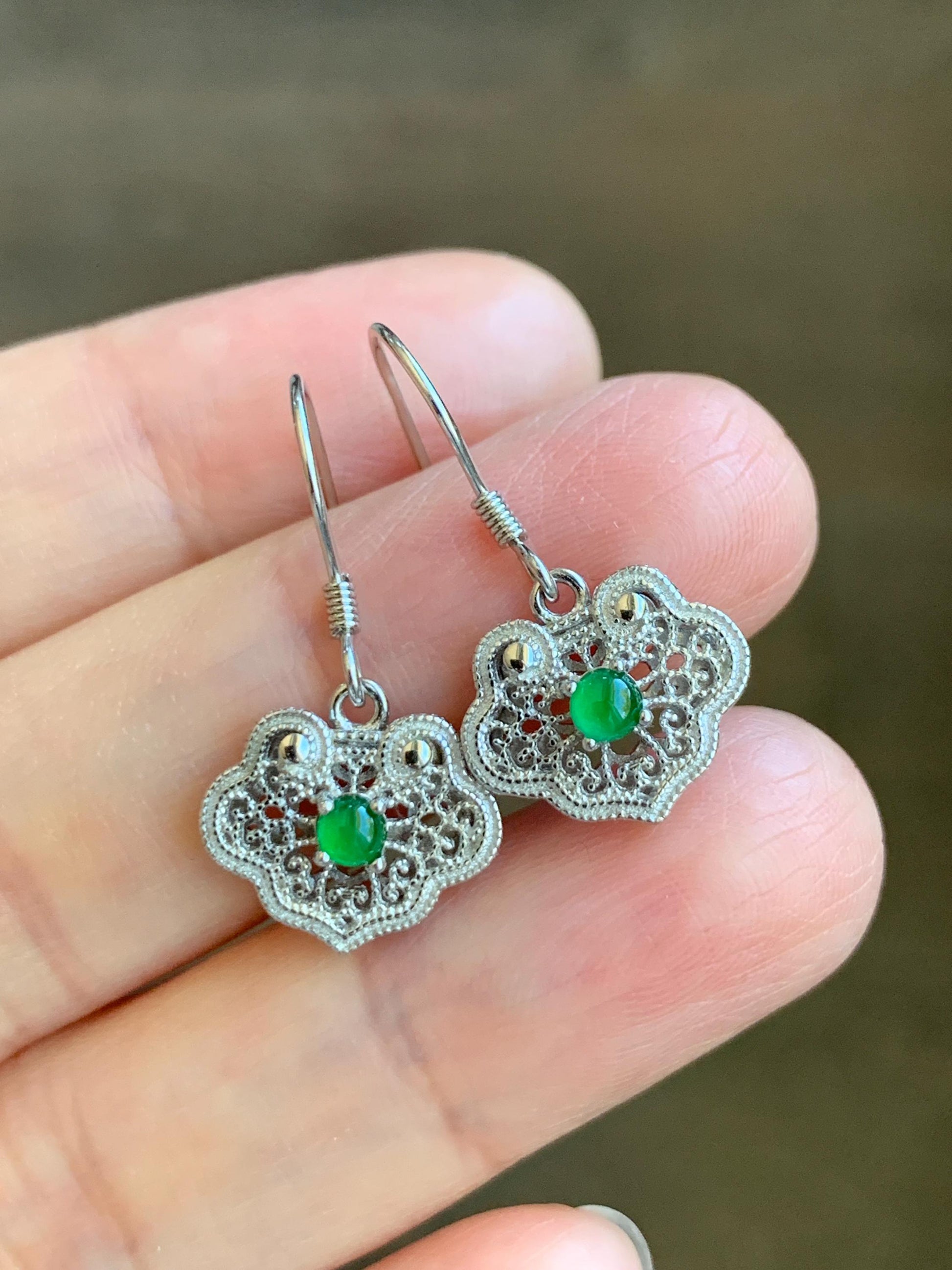 Natural Grade A Guatemalan Icy Translucent Vibrant Green Jade Jadeite Ruyi Dangle Earrings Sterling Silver 天然冰危绿翡翠蛋面如意银镶耳钩 LRY59