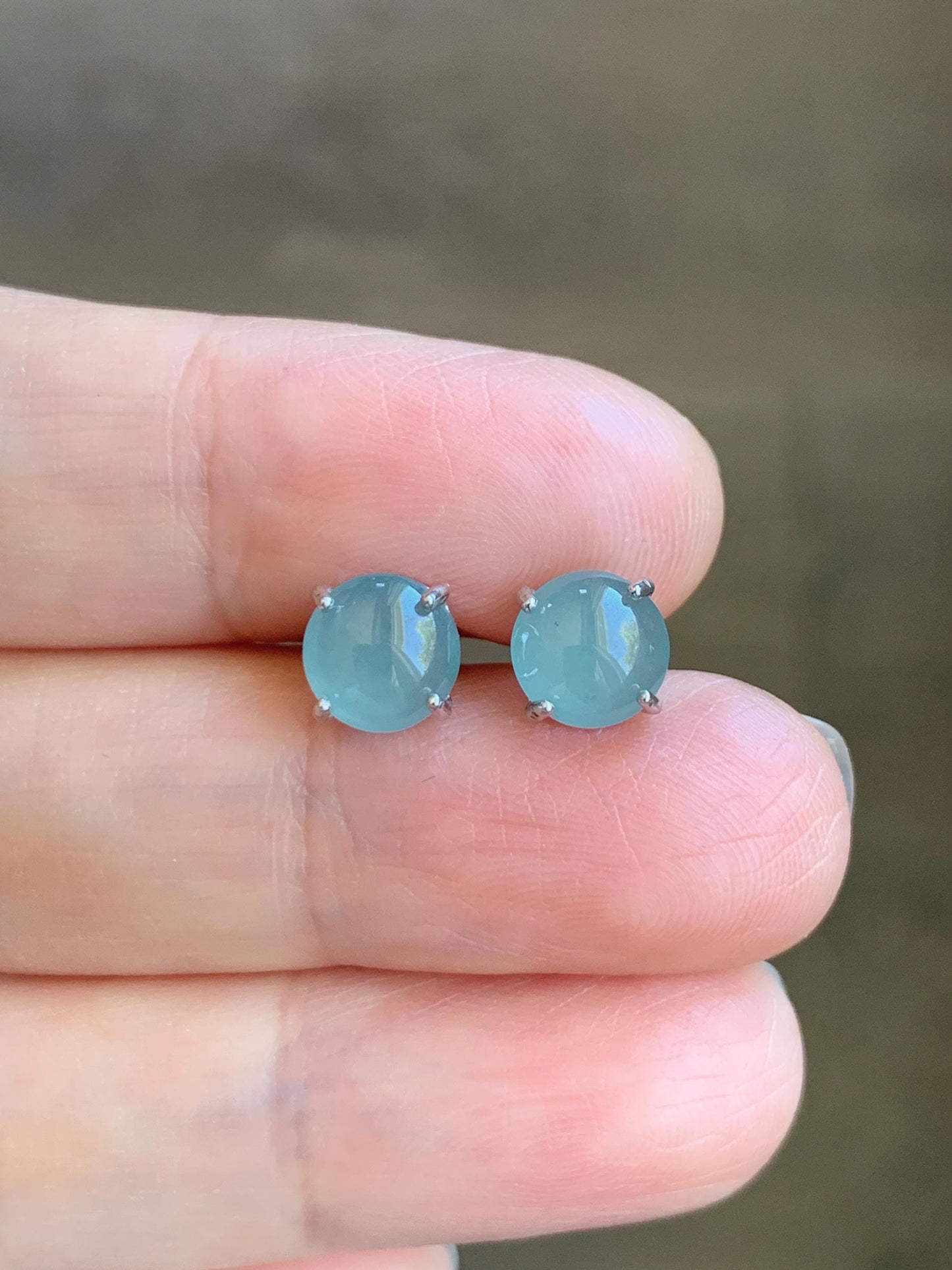 Natural Guatemalan Grade A Icy Translucent Light Teal Blue Jade Jadeite Round Stud Earrings Sterling Silver 7mm 天然冰危淡蓝翡翠蛋面银镶耳钉 WLZ66