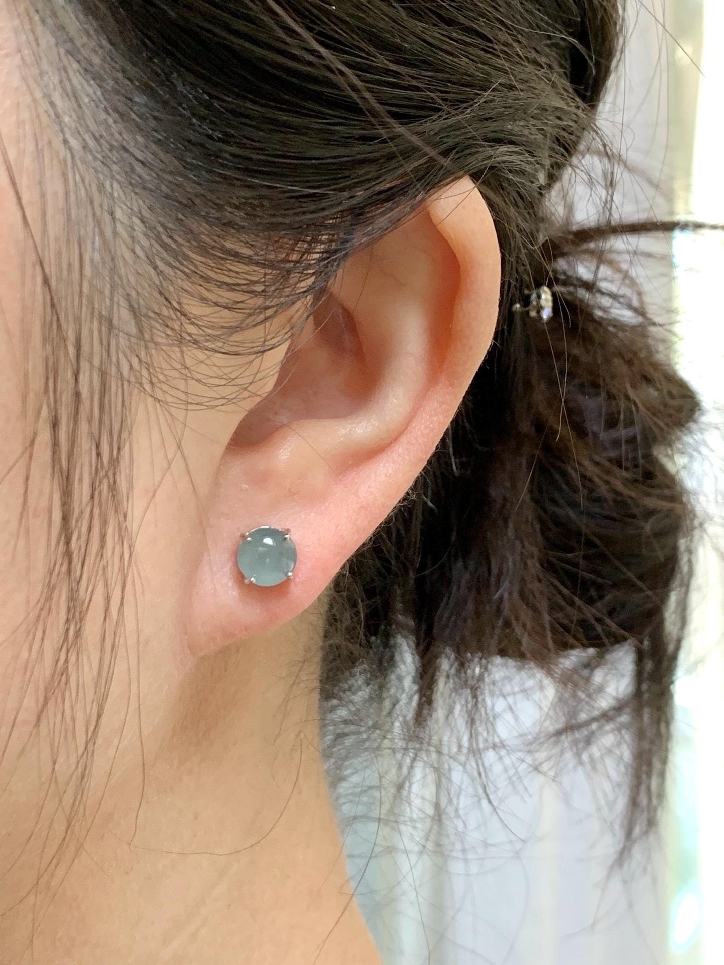 Natural Guatemalan Grade A Icy Translucent Light Teal Blue Jade Jadeite Round Stud Earrings Sterling Silver 7mm 天然冰危淡蓝翡翠蛋面银镶耳钉 WLZ66