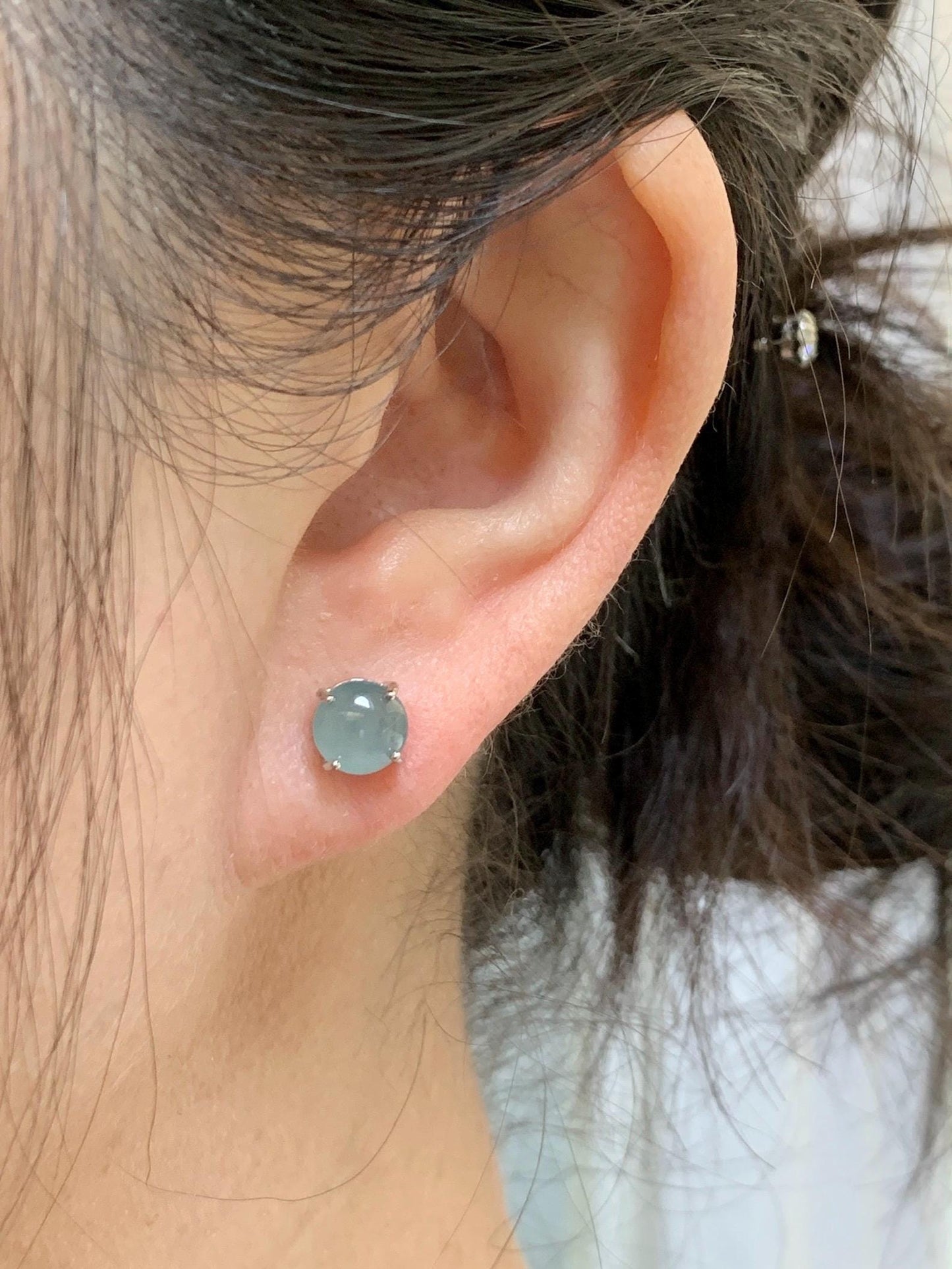 Natural Guatemalan Grade A Icy Translucent Light Teal Blue Jade Jadeite Round Stud Earrings Sterling Silver 7mm 天然冰危淡蓝翡翠蛋面银镶耳钉 WLZ66
