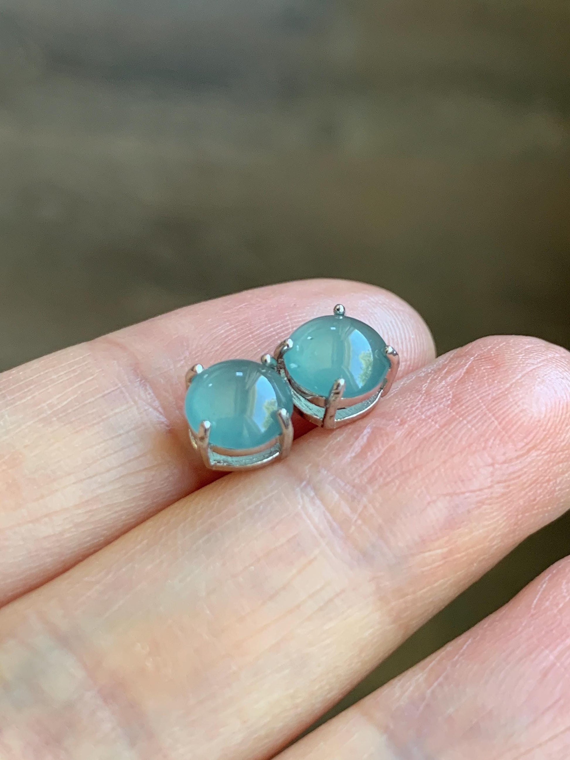 Natural Guatemalan Grade A Icy Translucent Light Teal Blue Jade Jadeite Round Stud Earrings Sterling Silver 7mm 天然冰危淡蓝翡翠蛋面银镶耳钉 WLZ66