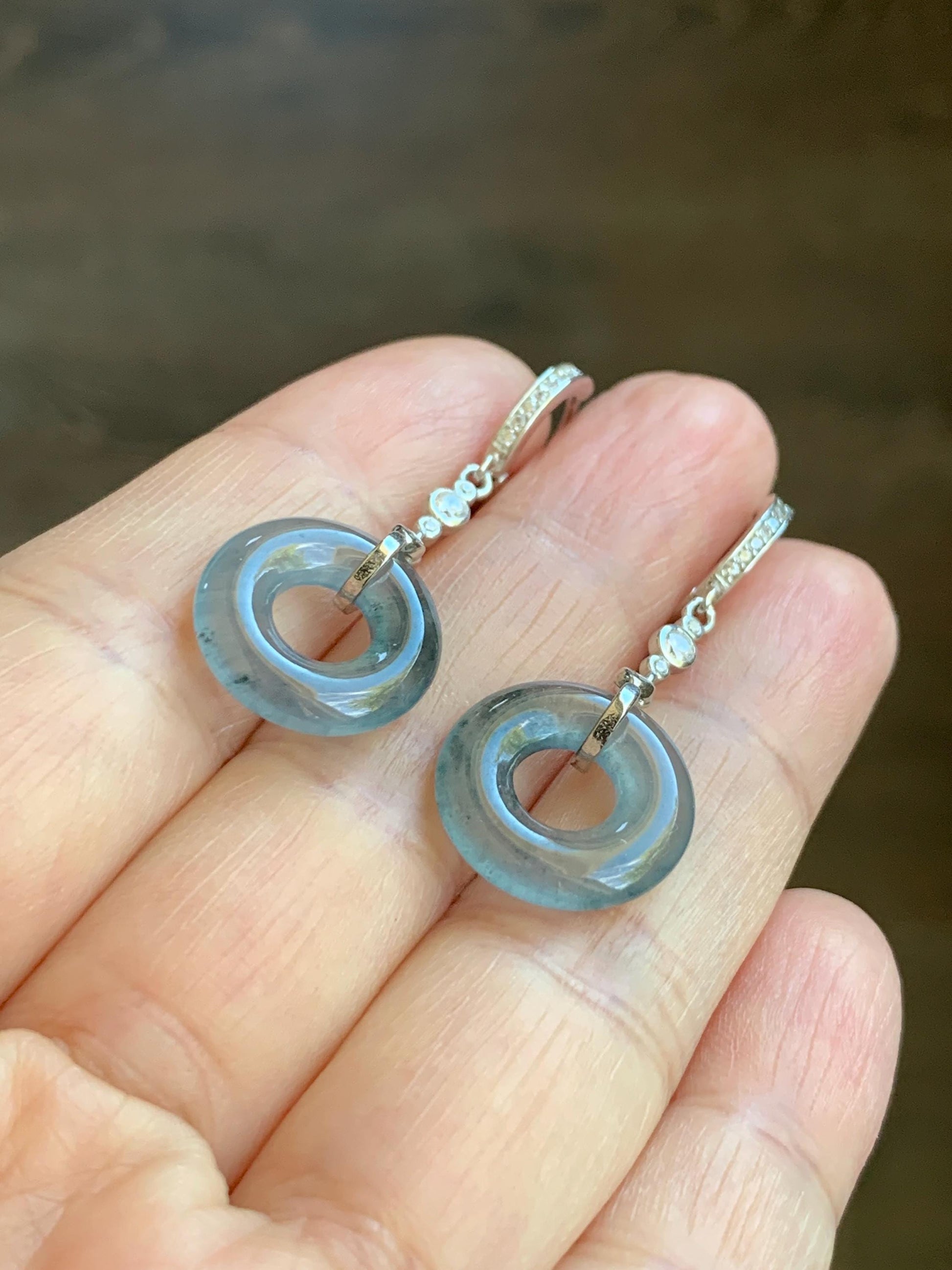 Natural Guatemalan Icy Highly Translucent Dusty Blue Jadeite Ping An Kou Donut Dangle Huggie Earrings Sterling Silver 天然冰危深蓝翡翠平安扣银耳包 BTSH150
