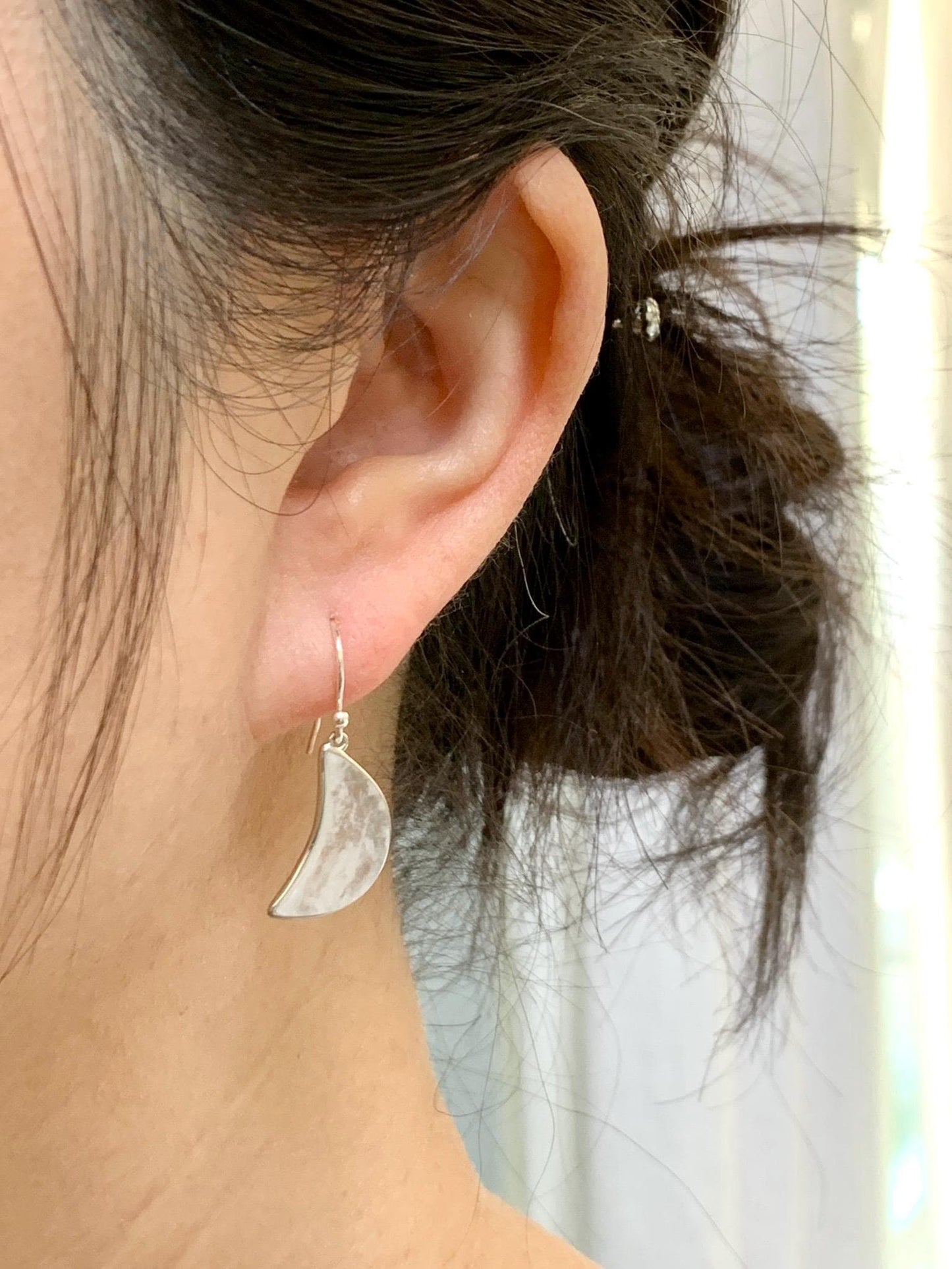 Natural Grade A Premium Icy Transparent Clear Jade Jadeite w/ White Marbling Moon Dangle Earrings Sterling Silver 3g 天然冰透雪花棉翡翠月亮镶嵌耳钩 MWH55