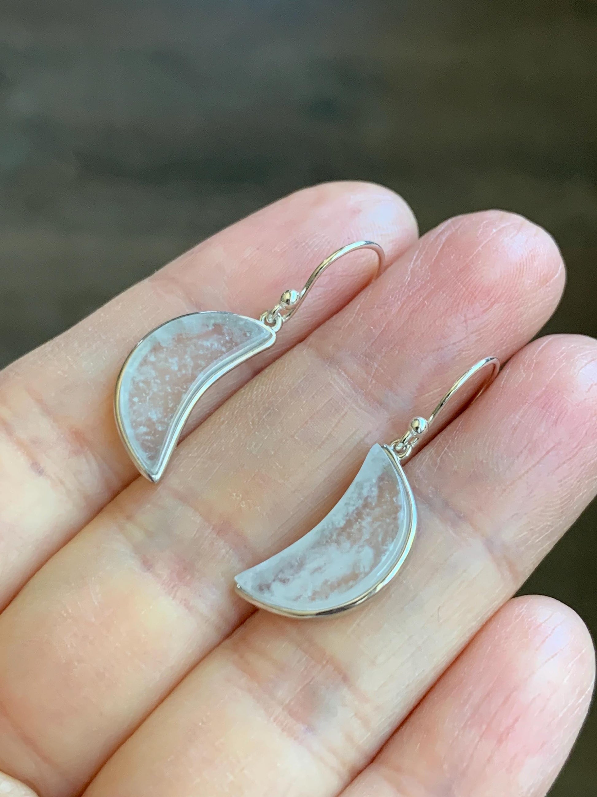 Natural Grade A Premium Icy Transparent Clear Jade Jadeite w/ White Marbling Moon Dangle Earrings Sterling Silver 3g 天然冰透雪花棉翡翠月亮镶嵌耳钩 MWH55
