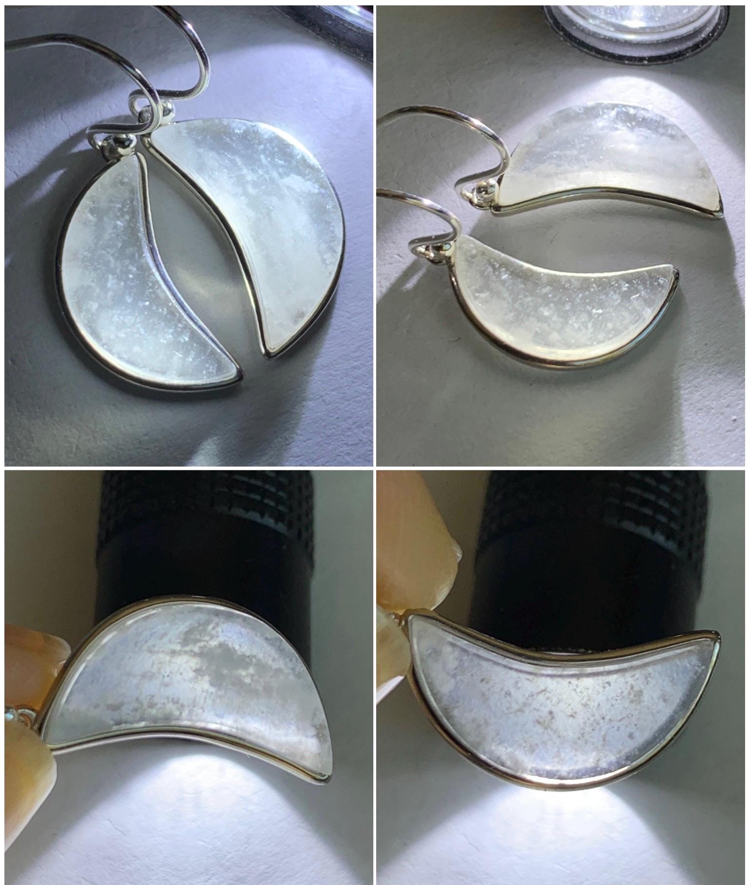 Natural Grade A Premium Icy Transparent Clear Jade Jadeite w/ White Marbling Moon Dangle Earrings Sterling Silver 3g 天然冰透雪花棉翡翠月亮镶嵌耳钩 MWH55