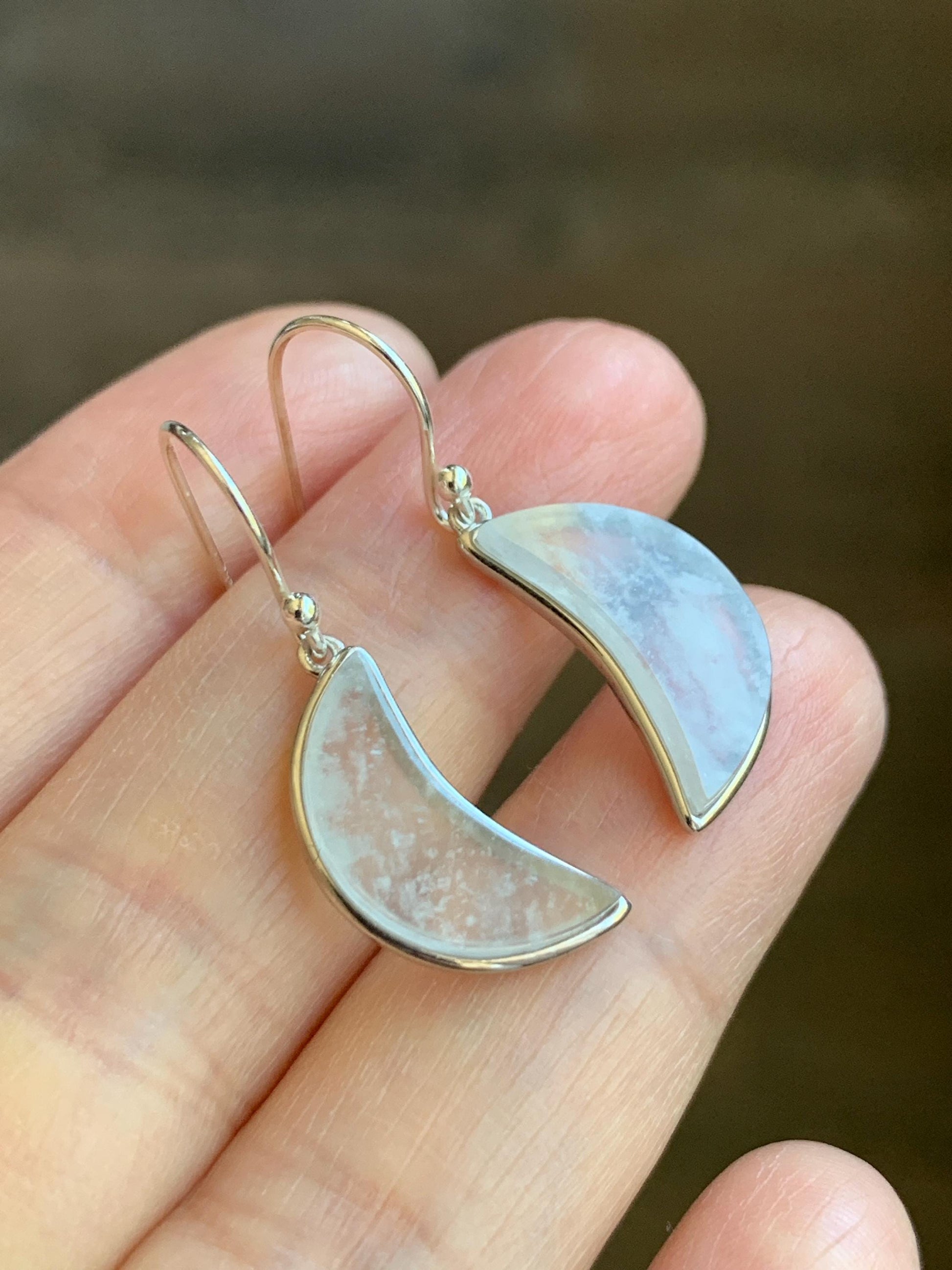 Natural Grade A Premium Icy Transparent Clear Jade Jadeite w/ White Marbling Moon Dangle Earrings Sterling Silver 3g 天然冰透雪花棉翡翠月亮镶嵌耳钩 MWH55