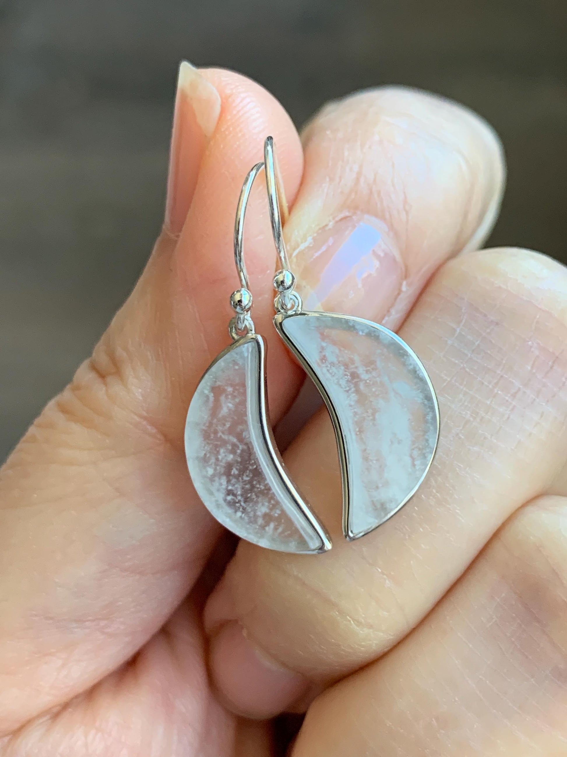 Natural Grade A Premium Icy Transparent Clear Jade Jadeite w/ White Marbling Moon Dangle Earrings Sterling Silver 3g 天然冰透雪花棉翡翠月亮镶嵌耳钩 MWH55