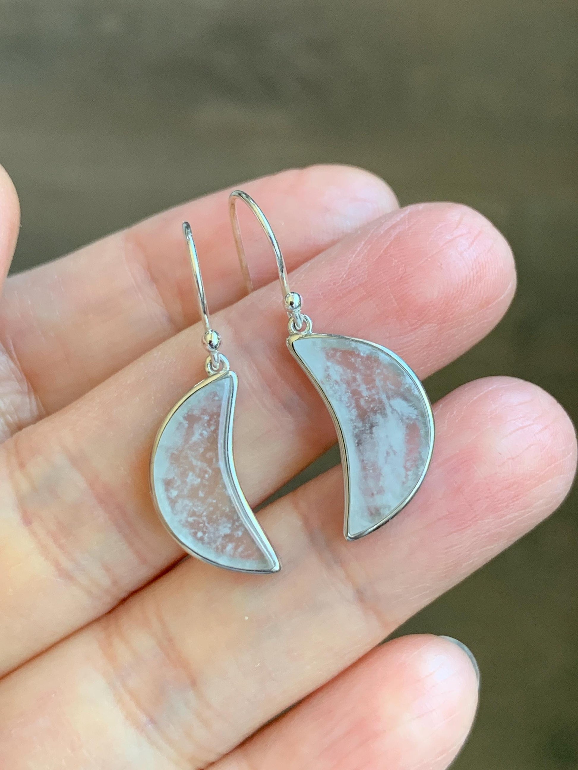Natural Grade A Premium Icy Transparent Clear Jade Jadeite w/ White Marbling Moon Dangle Earrings Sterling Silver 3g 天然冰透雪花棉翡翠月亮镶嵌耳钩 MWH55