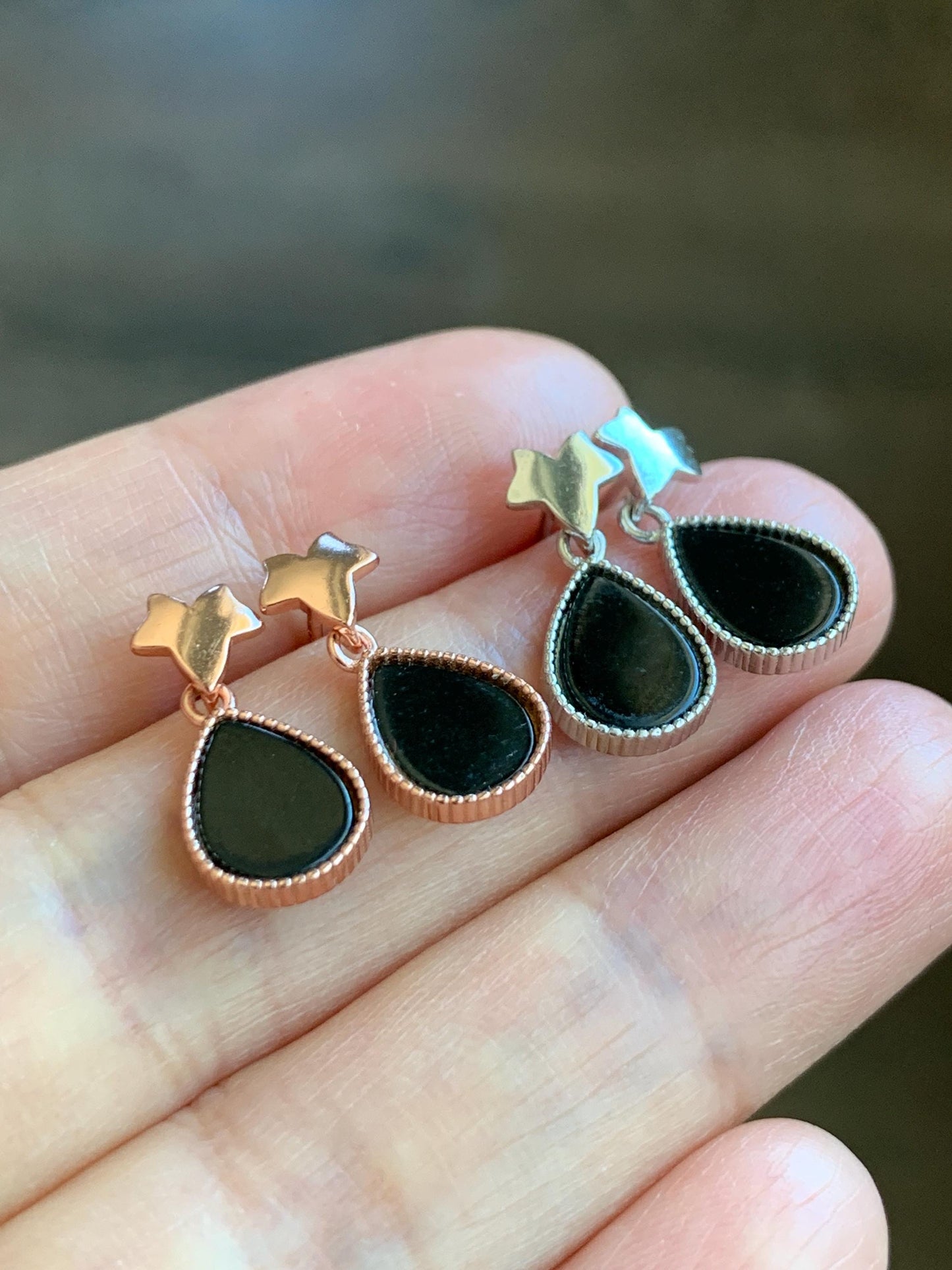 Natural Grade A Translucent Black Jade Jadeite Teardrop Design Stud Earrings Sterling Silver & Rose Gold Finish 天然透绿墨翠翡翠水滴银镶耳钉 SDM110