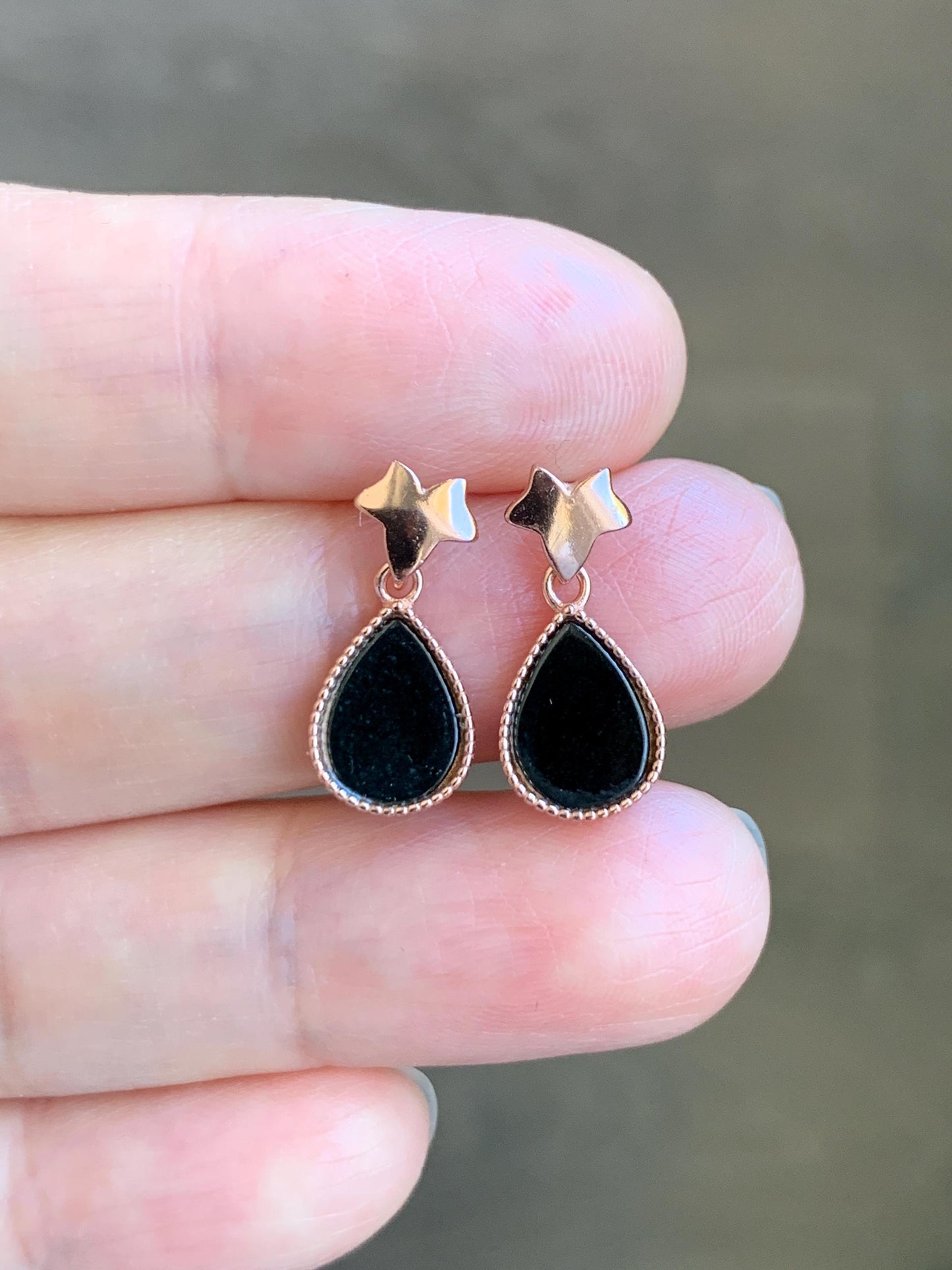 Natural Grade A Translucent Black Jade Jadeite Teardrop Design Stud Earrings Sterling Silver & Rose Gold Finish 天然透绿墨翠翡翠水滴银镶耳钉 SDM110