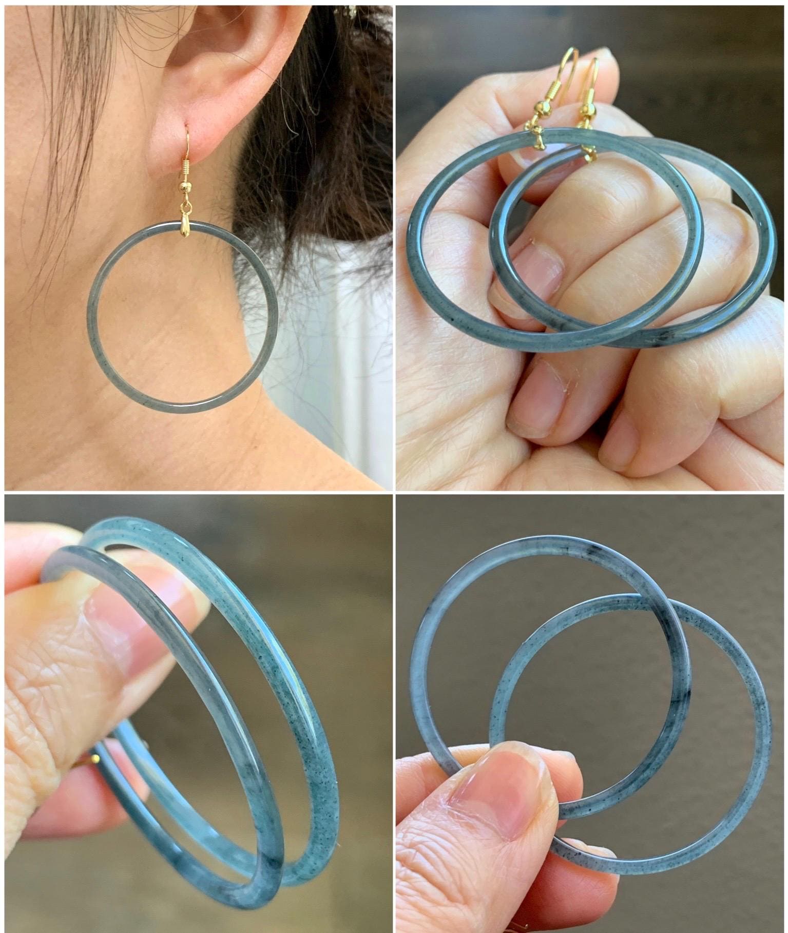 Natural Guatemalan Grade A Icy Highly Translucent Wuji Jade Jadeite Ring Large Hoop Dangle Earrings 14K Gold Plated 天然A货冰危乌鸡翡翠圈包金耳吊 WJD316J