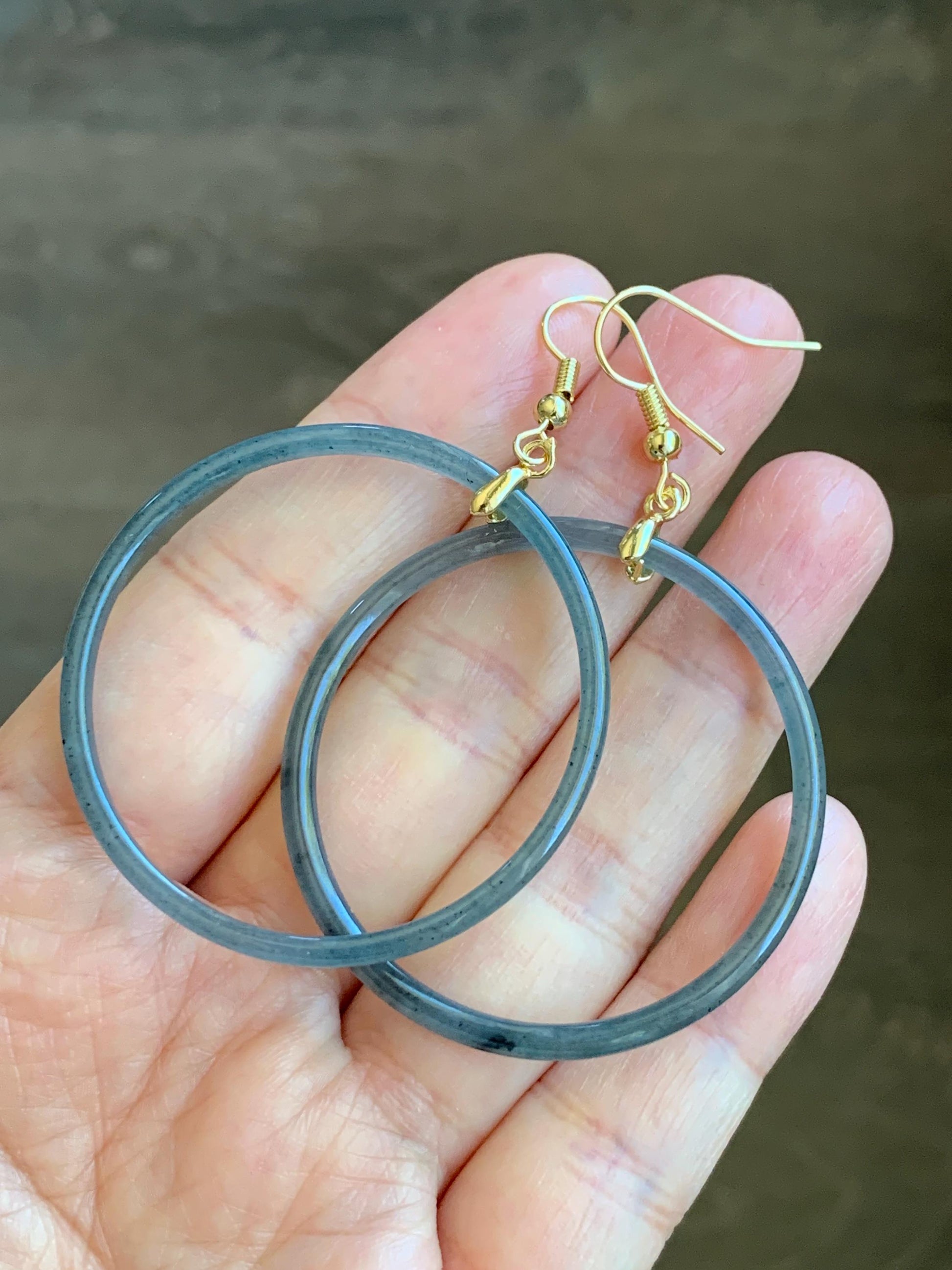 Natural Guatemalan Grade A Icy Highly Translucent Wuji Jade Jadeite Ring Large Hoop Dangle Earrings 14K Gold Plated 天然A货冰危乌鸡翡翠圈包金耳吊 WJD316J