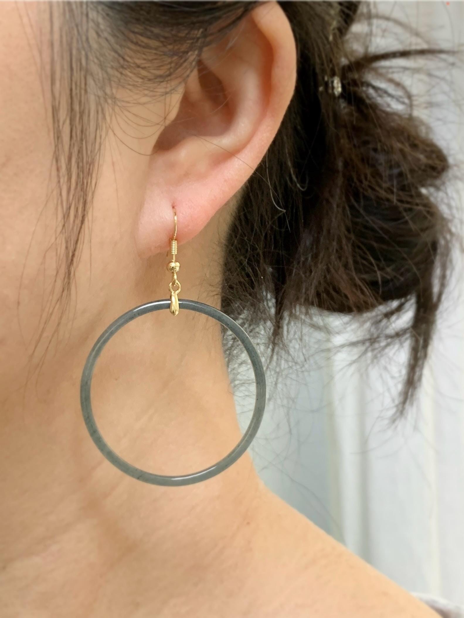Natural Guatemalan Grade A Icy Highly Translucent Wuji Jade Jadeite Ring Large Hoop Dangle Earrings 14K Gold Plated 天然A货冰危乌鸡翡翠圈包金耳吊 WJD316J