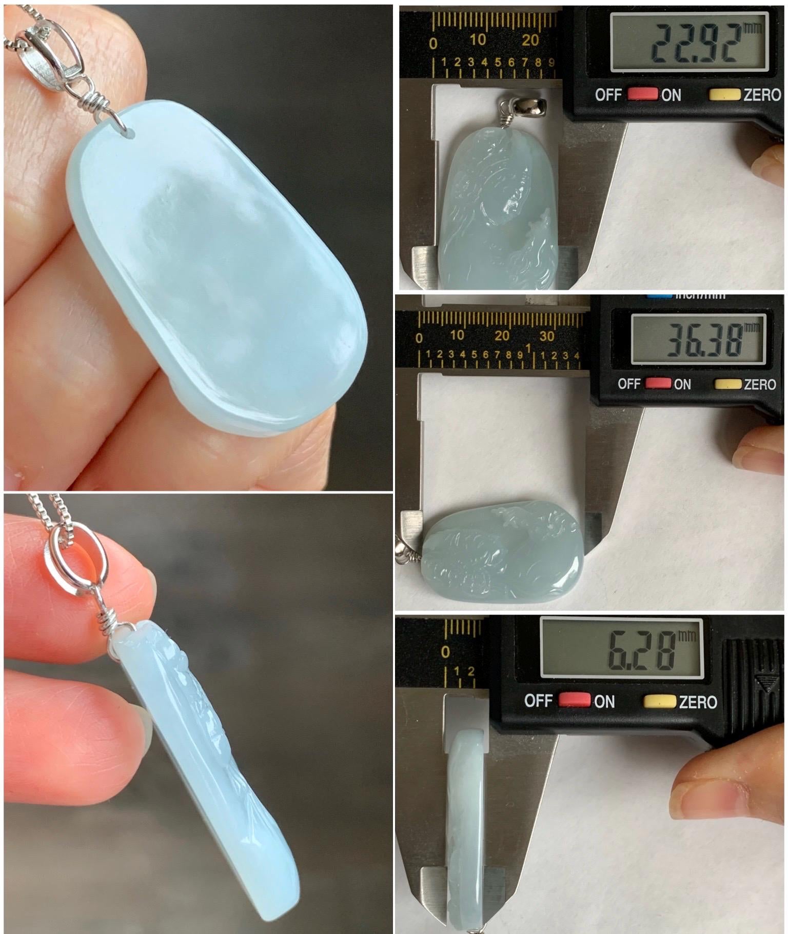 Natural Grade A Icy Translucent Gelatinous Pastel Blue Jade Jadeite Carved Beauty Girl Pendant Sterling Silver 12g 天然冰胶淡蓝翡翠小美女吊坠挂件 MDL220