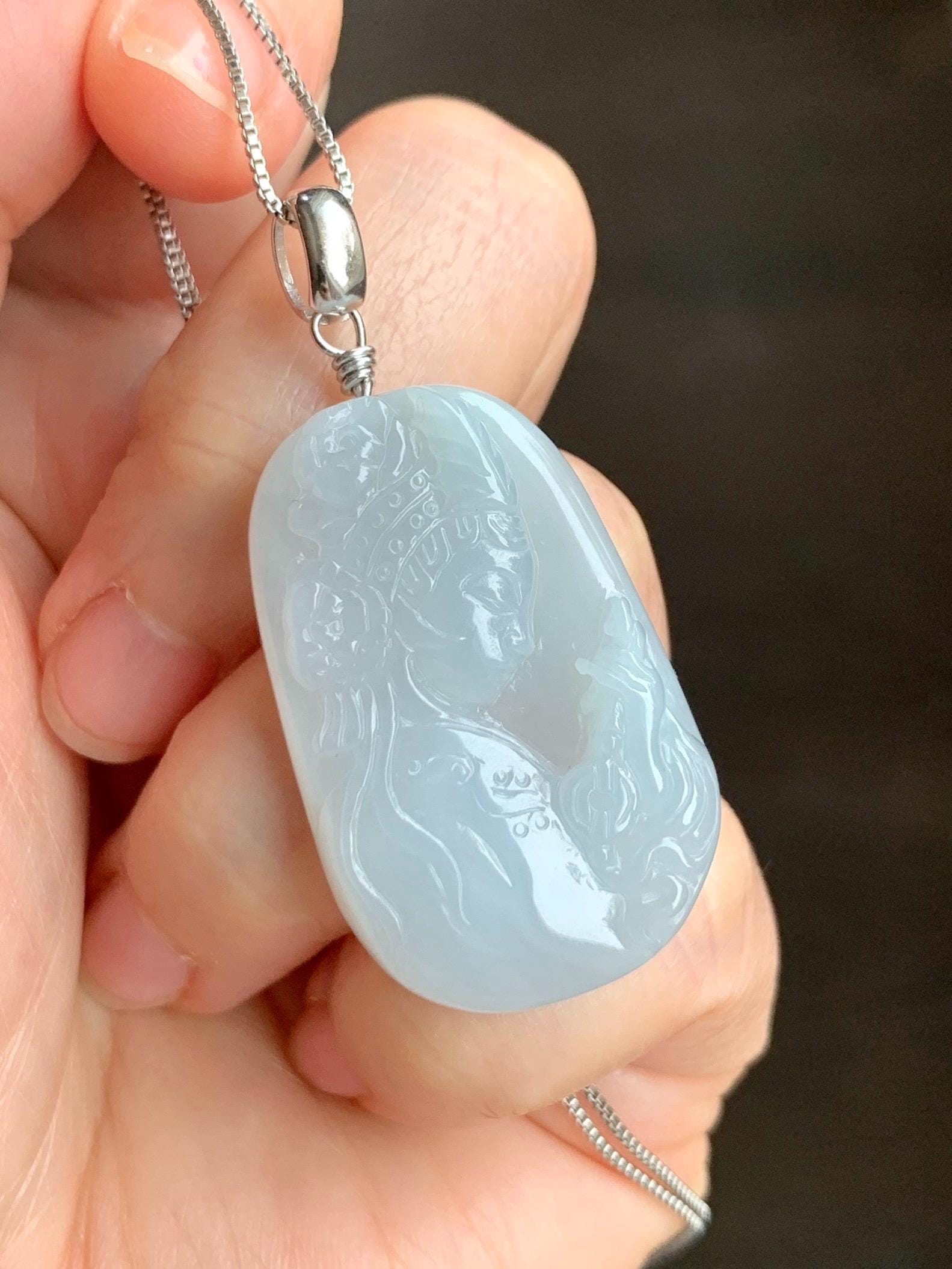 Natural Grade A Icy Translucent Gelatinous Pastel Blue Jade Jadeite Carved Beauty Girl Pendant Sterling Silver 12g 天然冰胶淡蓝翡翠小美女吊坠挂件 MDL220