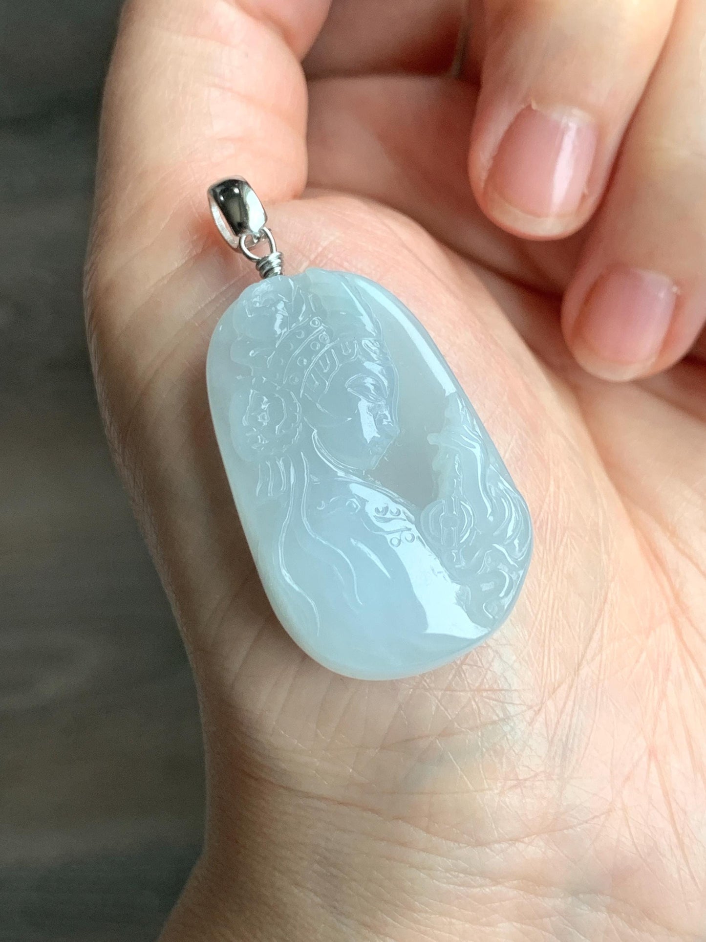 Natural Grade A Icy Translucent Gelatinous Pastel Blue Jade Jadeite Carved Beauty Girl Pendant Sterling Silver 12g 天然冰胶淡蓝翡翠小美女吊坠挂件 MDL220