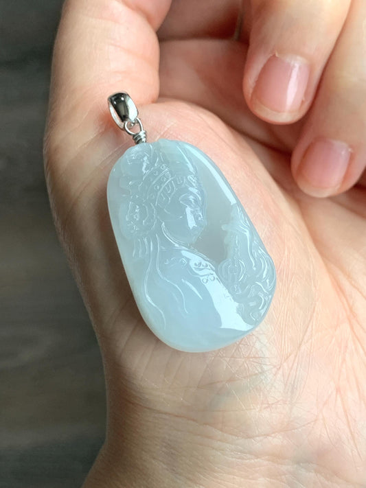Natural Grade A Icy Translucent Gelatinous Pastel Blue Jade Jadeite Carved Beauty Girl Pendant Sterling Silver 12g 天然冰胶淡蓝翡翠小美女吊坠挂件 MDL220