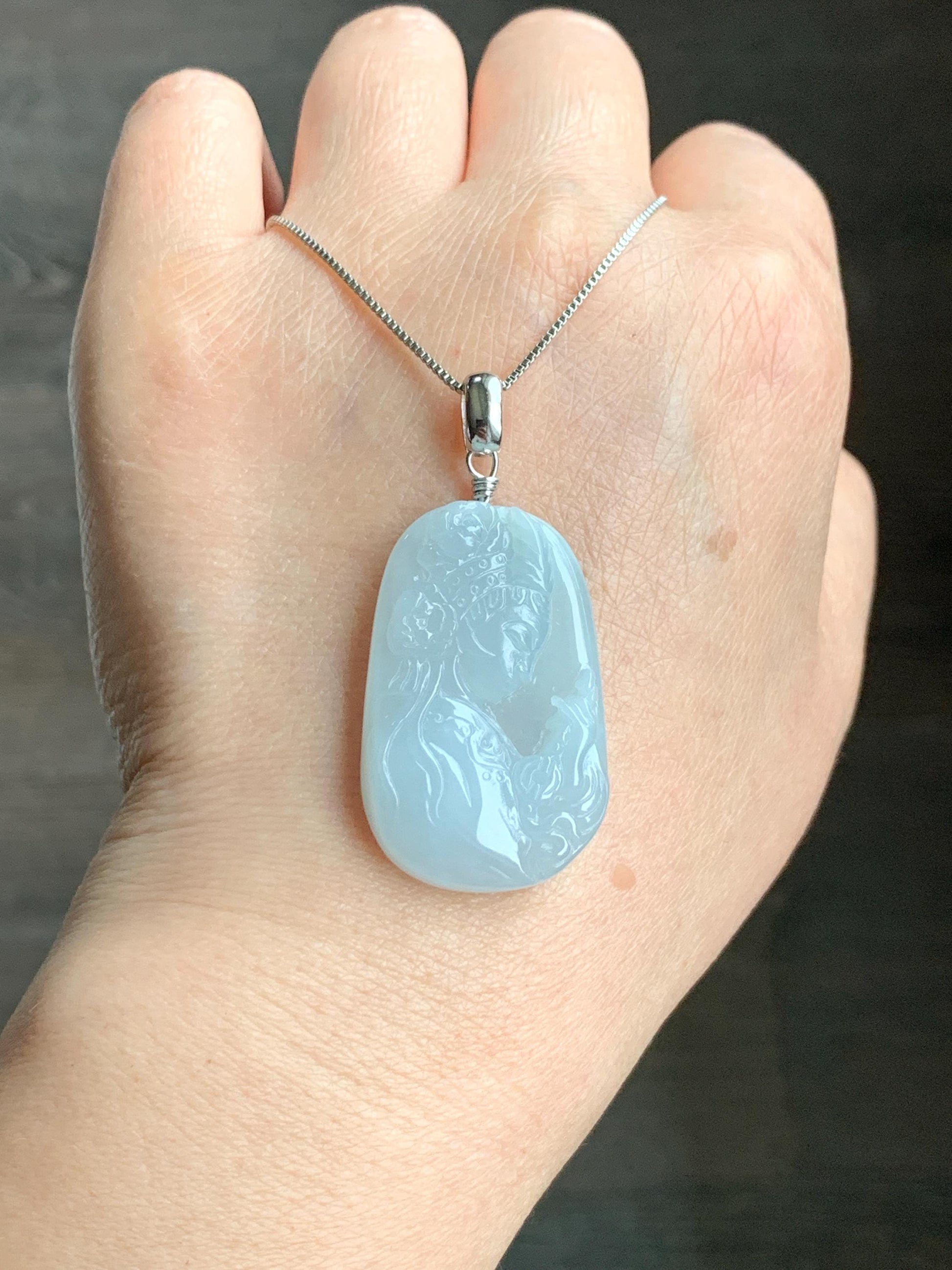 Natural Grade A Icy Translucent Gelatinous Pastel Blue Jade Jadeite Carved Beauty Girl Pendant Sterling Silver 12g 天然冰胶淡蓝翡翠小美女吊坠挂件 MDL220