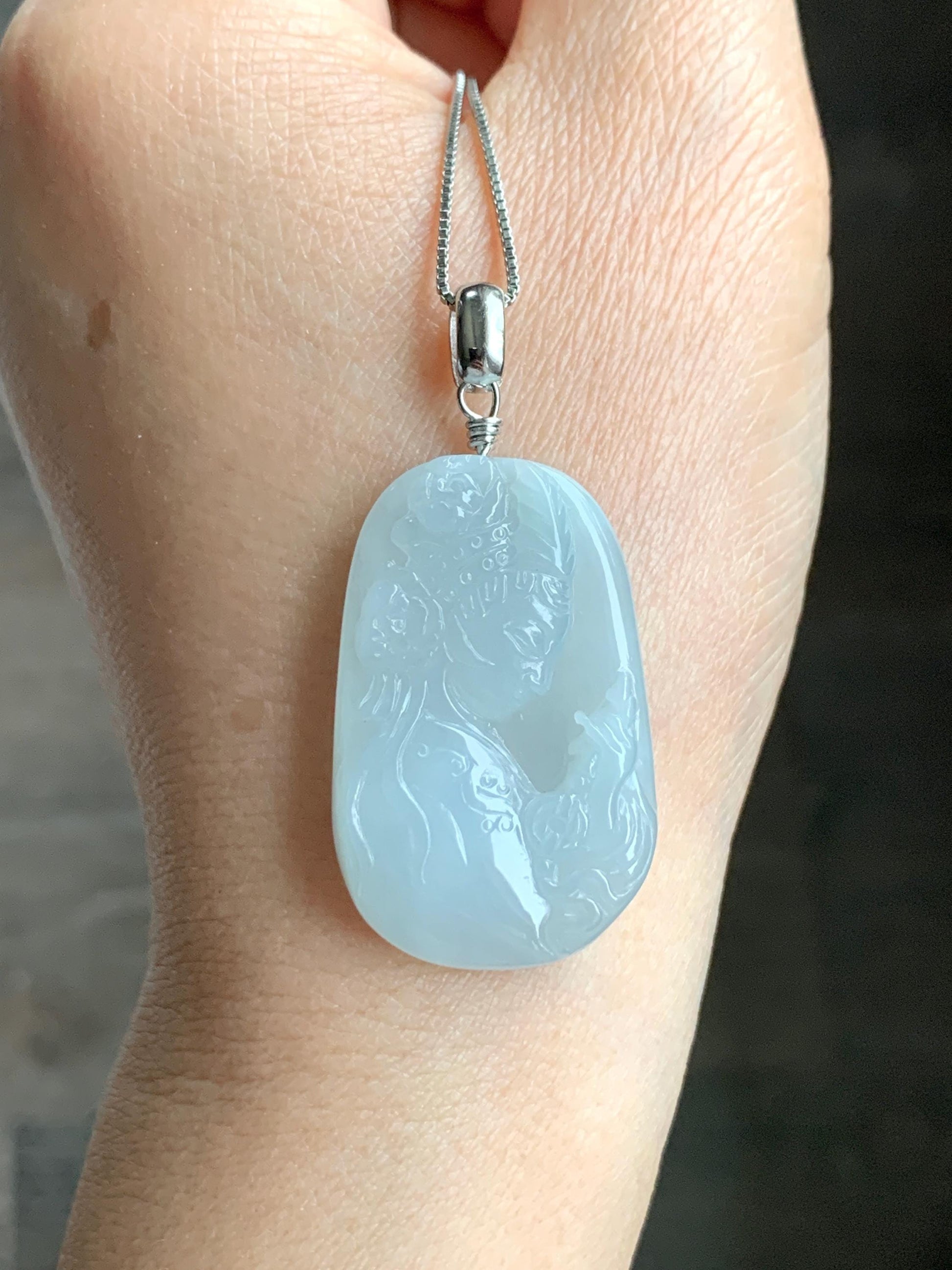 Natural Grade A Icy Translucent Gelatinous Pastel Blue Jade Jadeite Carved Beauty Girl Pendant Sterling Silver 12g 天然冰胶淡蓝翡翠小美女吊坠挂件 MDL220