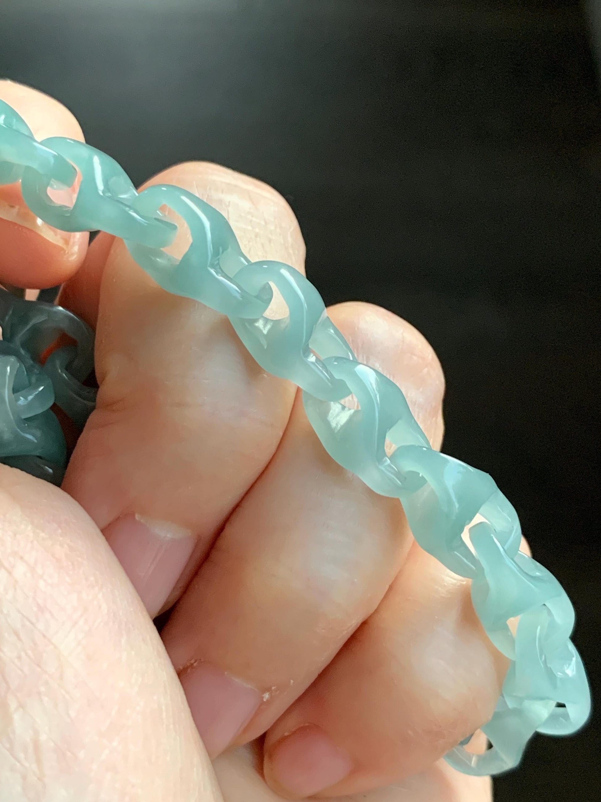 Certified Natural Guatemalan Icy Premium Teal Jadeite Carved Interlocking Dragon Bone Link Bracelet Sterling Silver 20g 天然冰胶危蓝绿翡翠龙骨链手链 1695