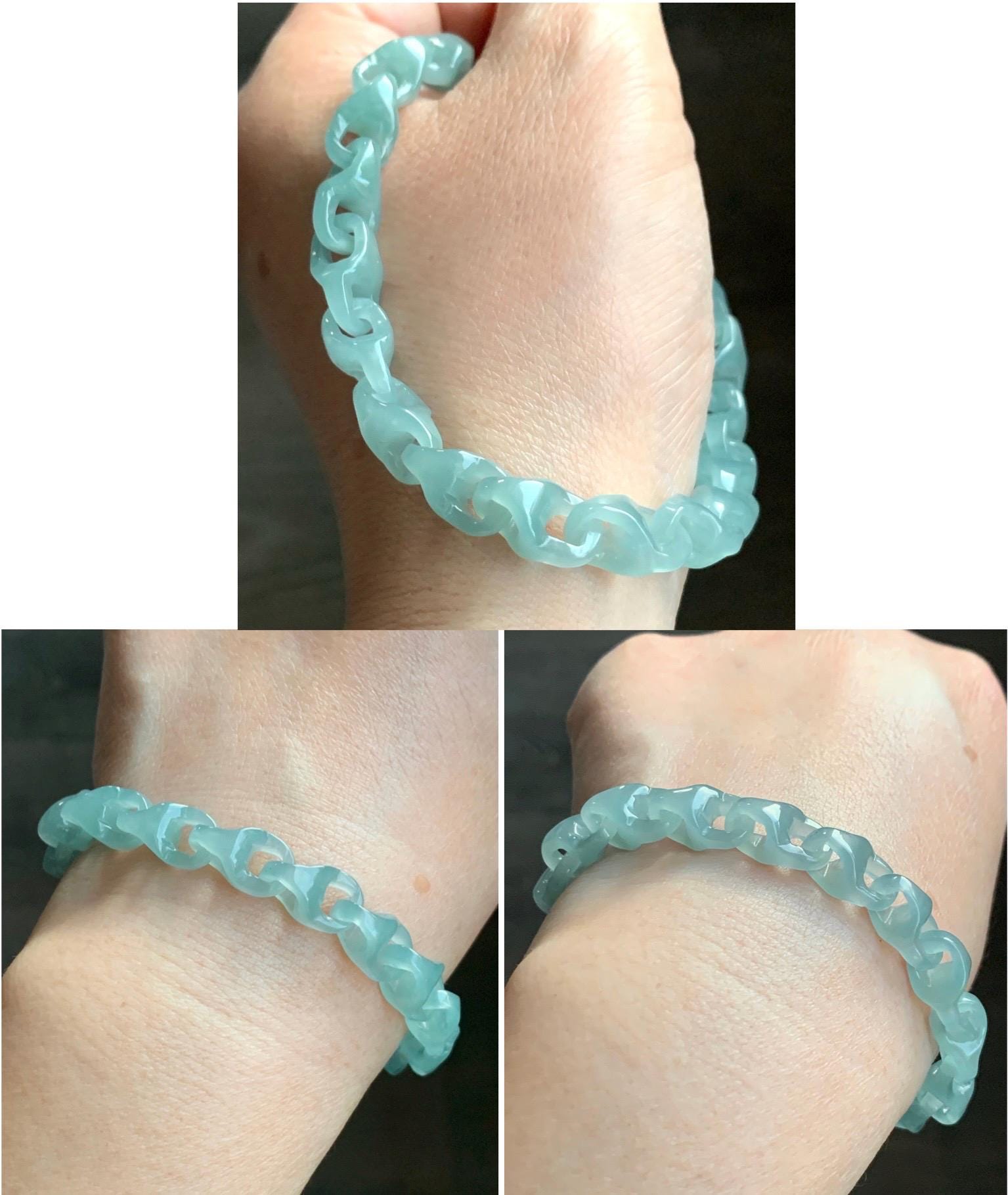 Certified Natural Guatemalan Icy Premium Teal Jadeite Carved Interlocking Dragon Bone Link Bracelet Sterling Silver 20g 天然冰胶危蓝绿翡翠龙骨链手链 1695