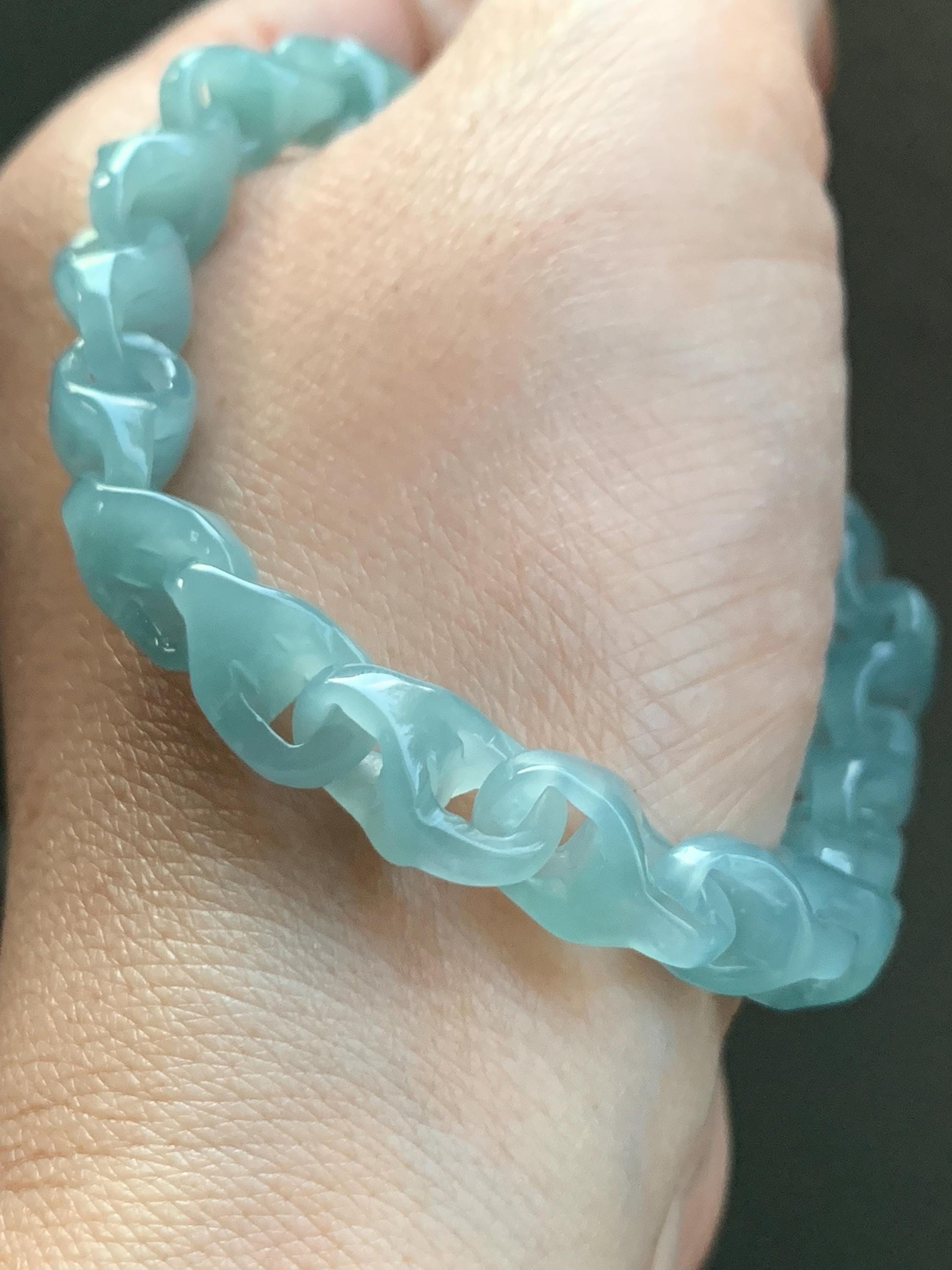 Certified Natural Guatemalan Icy Premium Teal Jadeite Carved Interlocking Dragon Bone Link Bracelet Sterling Silver 20g 天然冰胶危蓝绿翡翠龙骨链手链 1695